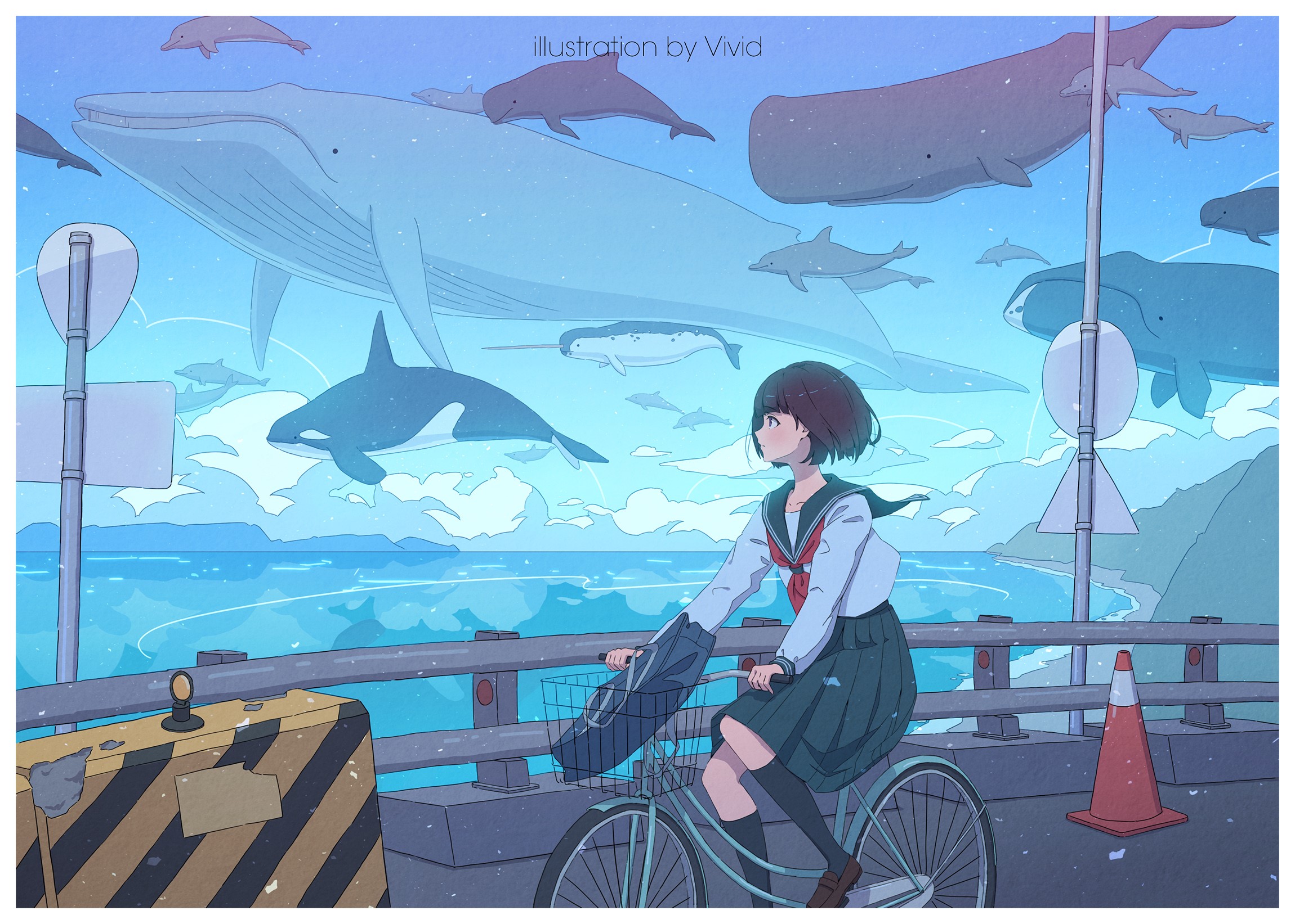 Anime girl on bicycle with whales and orcas in the sky HD Wallpaper