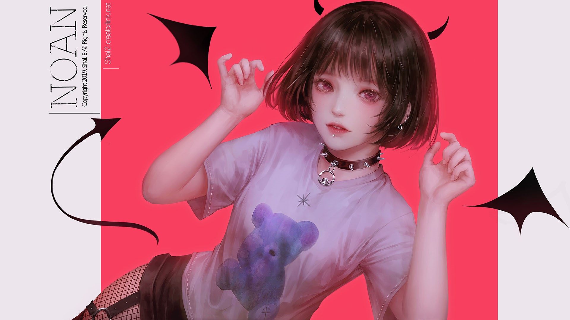 Anime girl with short hair and devil horns HD Wallpaper