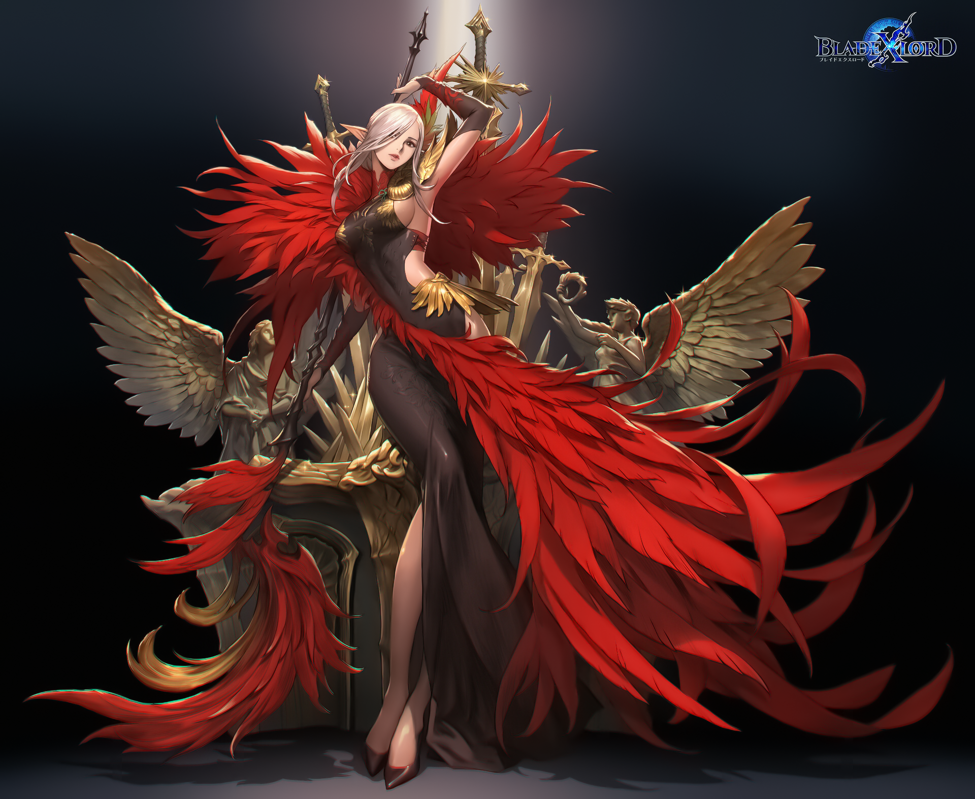 Woman with red feathers and sword on throne HD Wallpaper