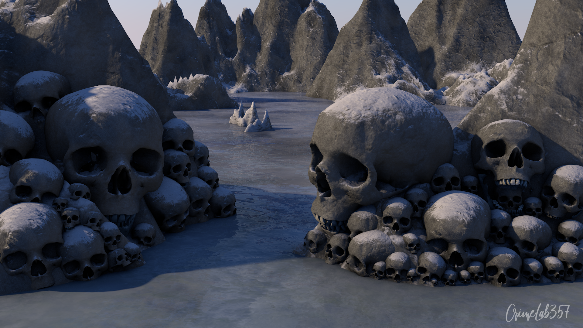 Fantasy art of a snowy landscape with piles of skulls HD Wallpaper