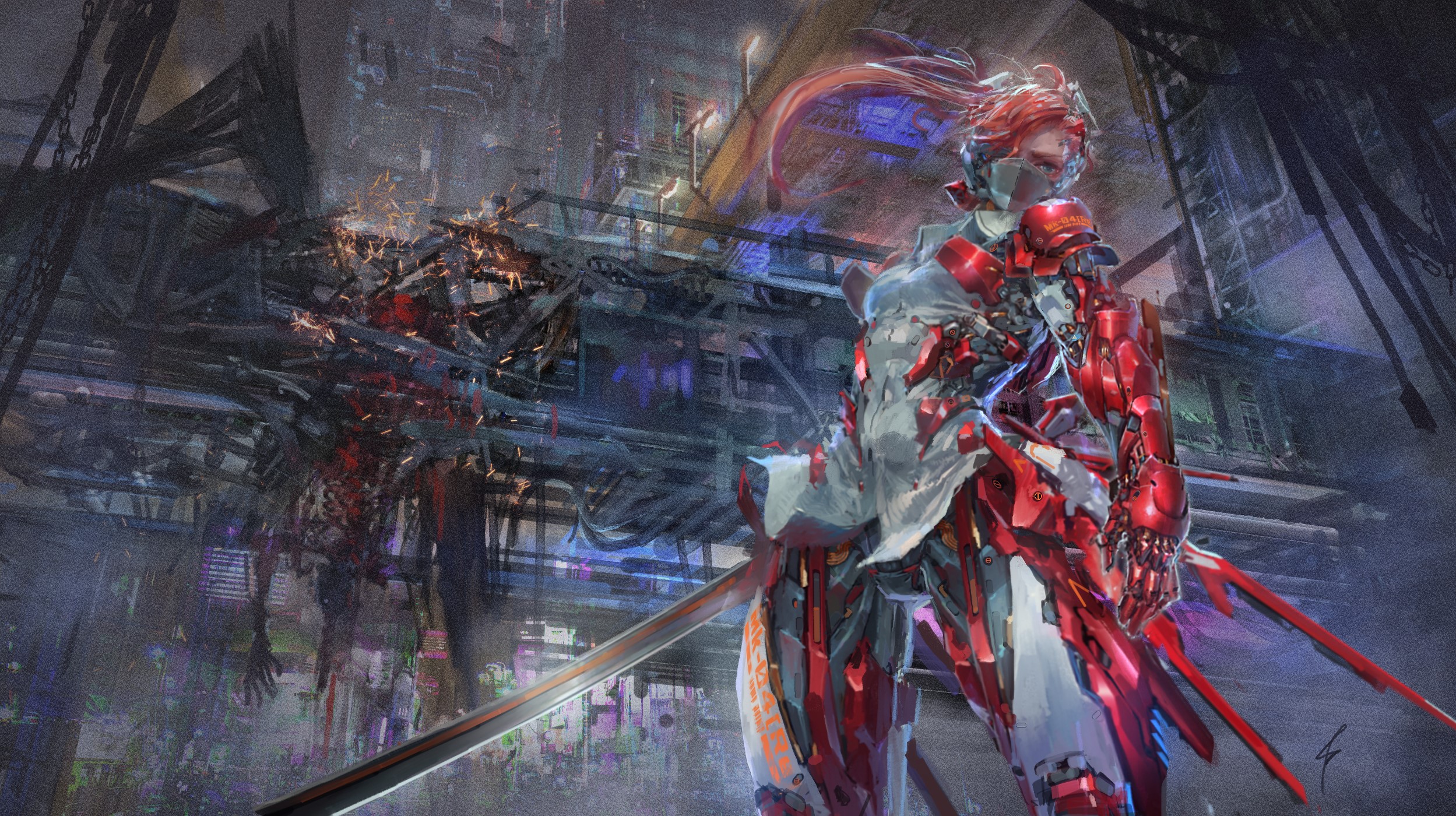 Mecha girl with red armor in a futuristic city HD Wallpaper