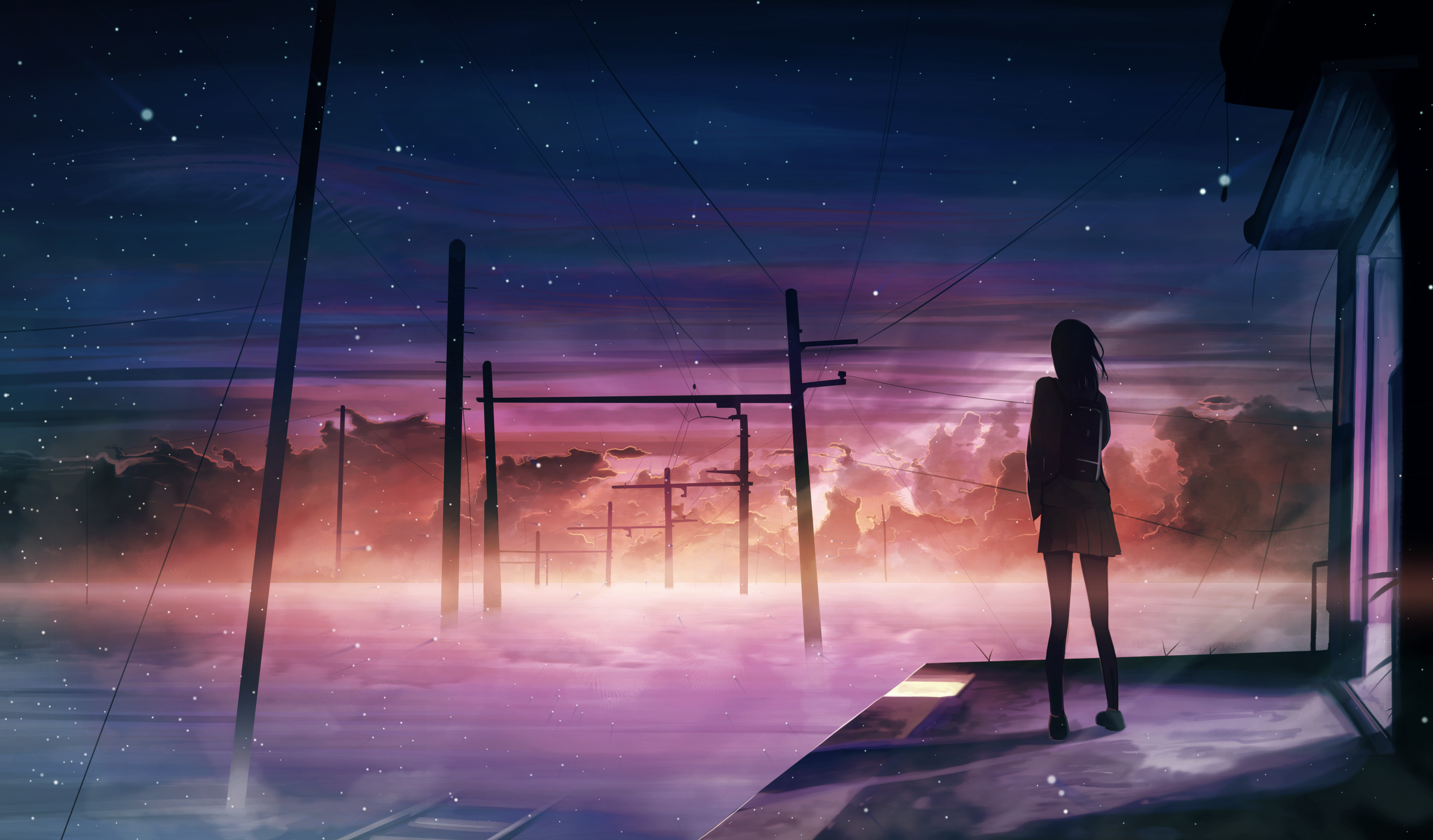 Anime girl watching sunset with clouds and utility poles HD Wallpaper