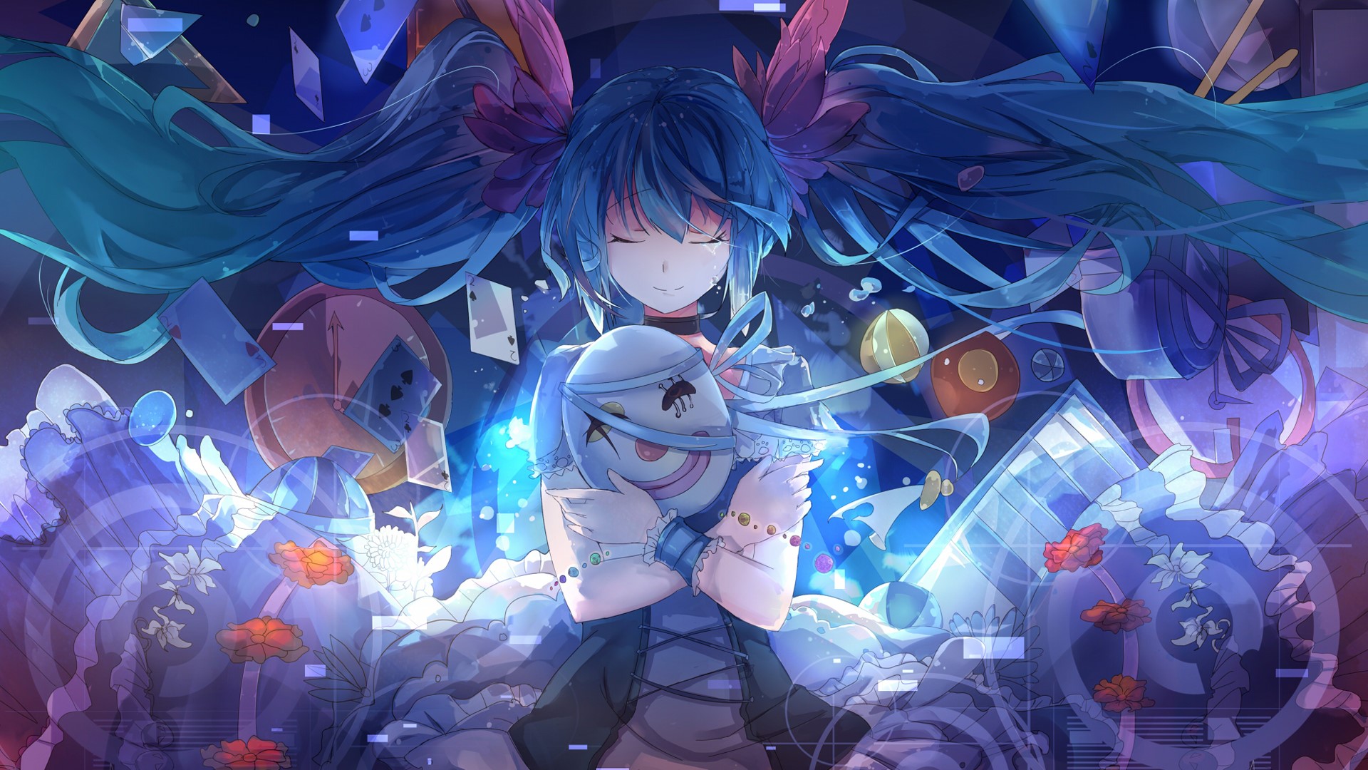 Hatsune Miku holding a mask with closed eyes HD Wallpaper