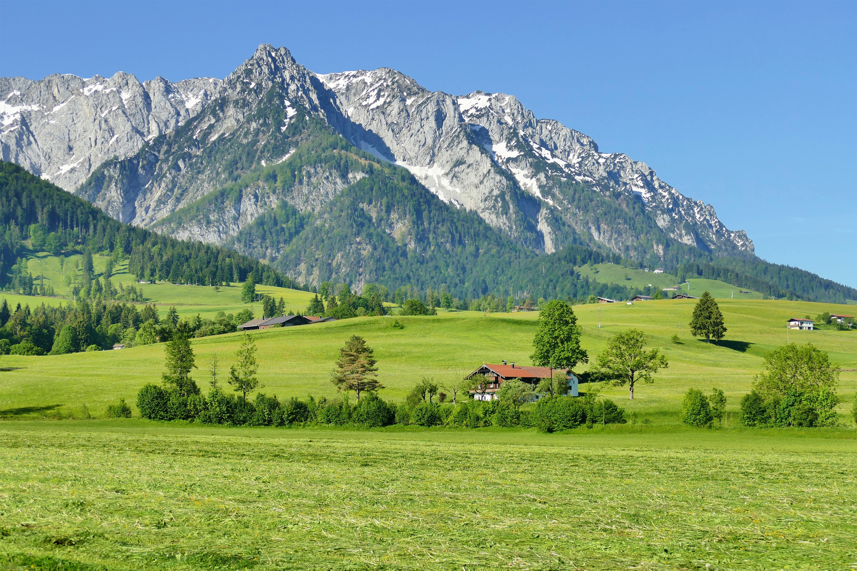 Green mountain landscape with houses and trees HD Wallpaper