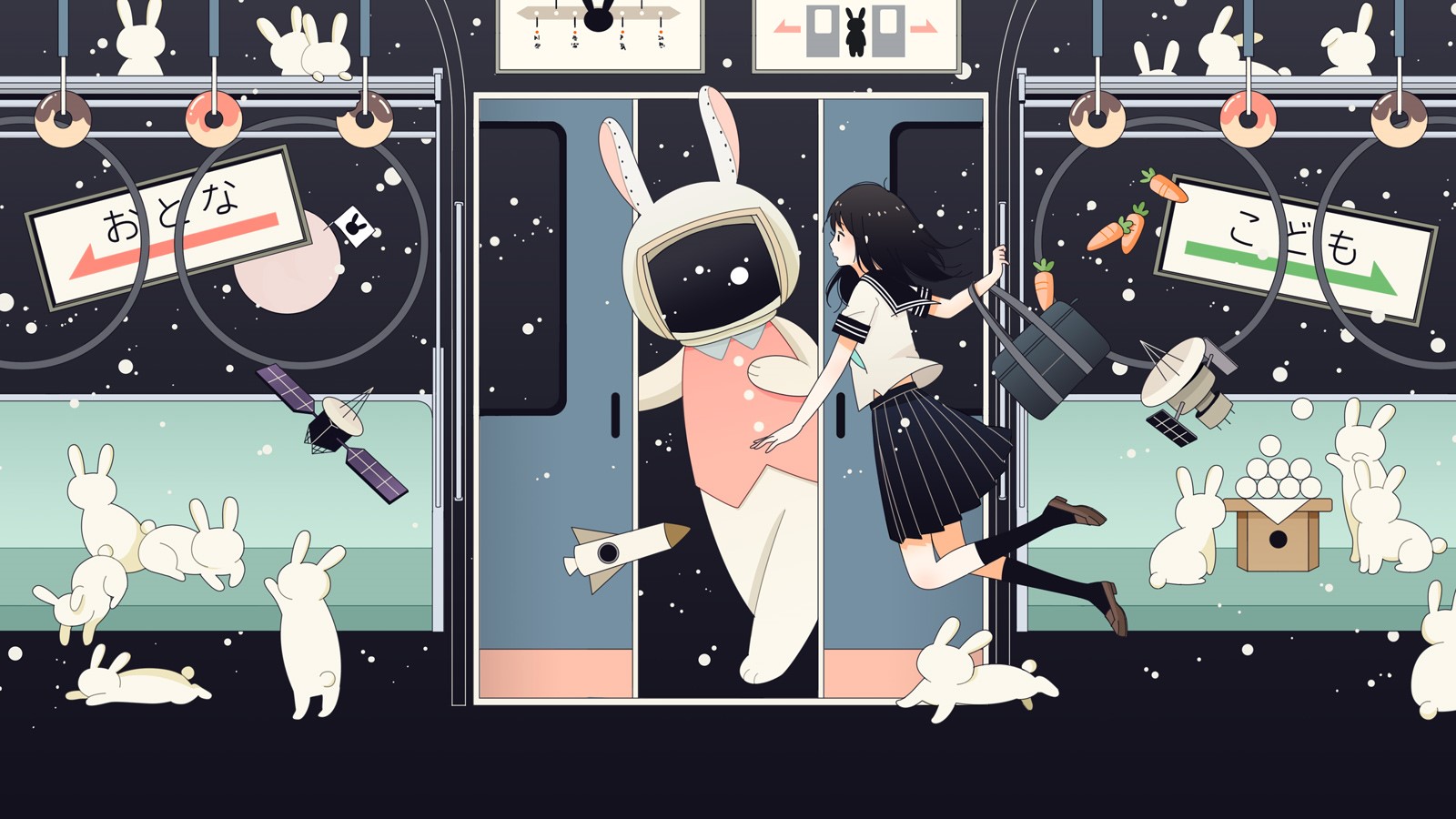 Anime girl and robot bunny on a space train HD Wallpaper