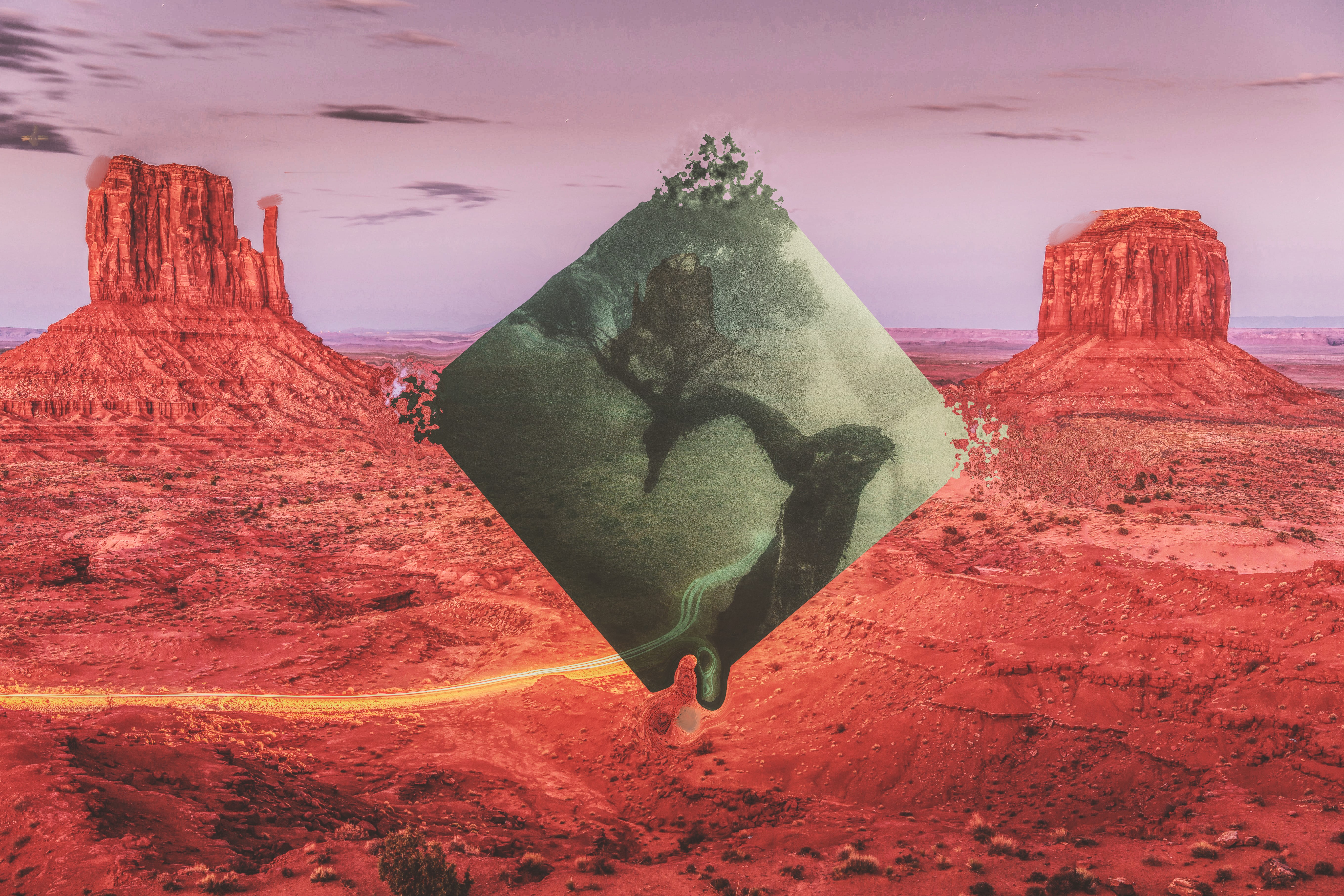 Glitch Art Desert Landscape with Diamond Tree HD Wallpaper