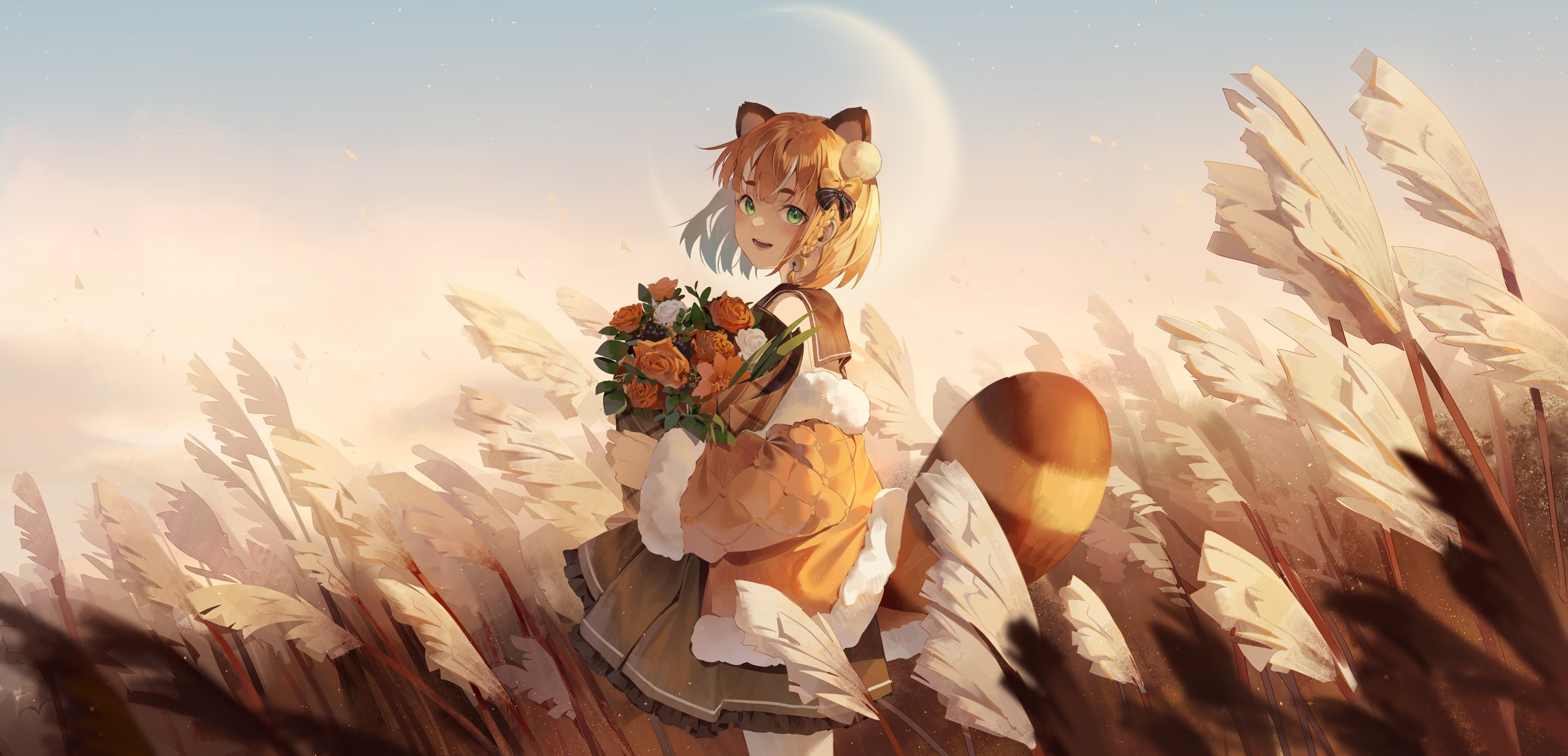 Anime girl with fox ears and tail holding flowers HD Wallpaper