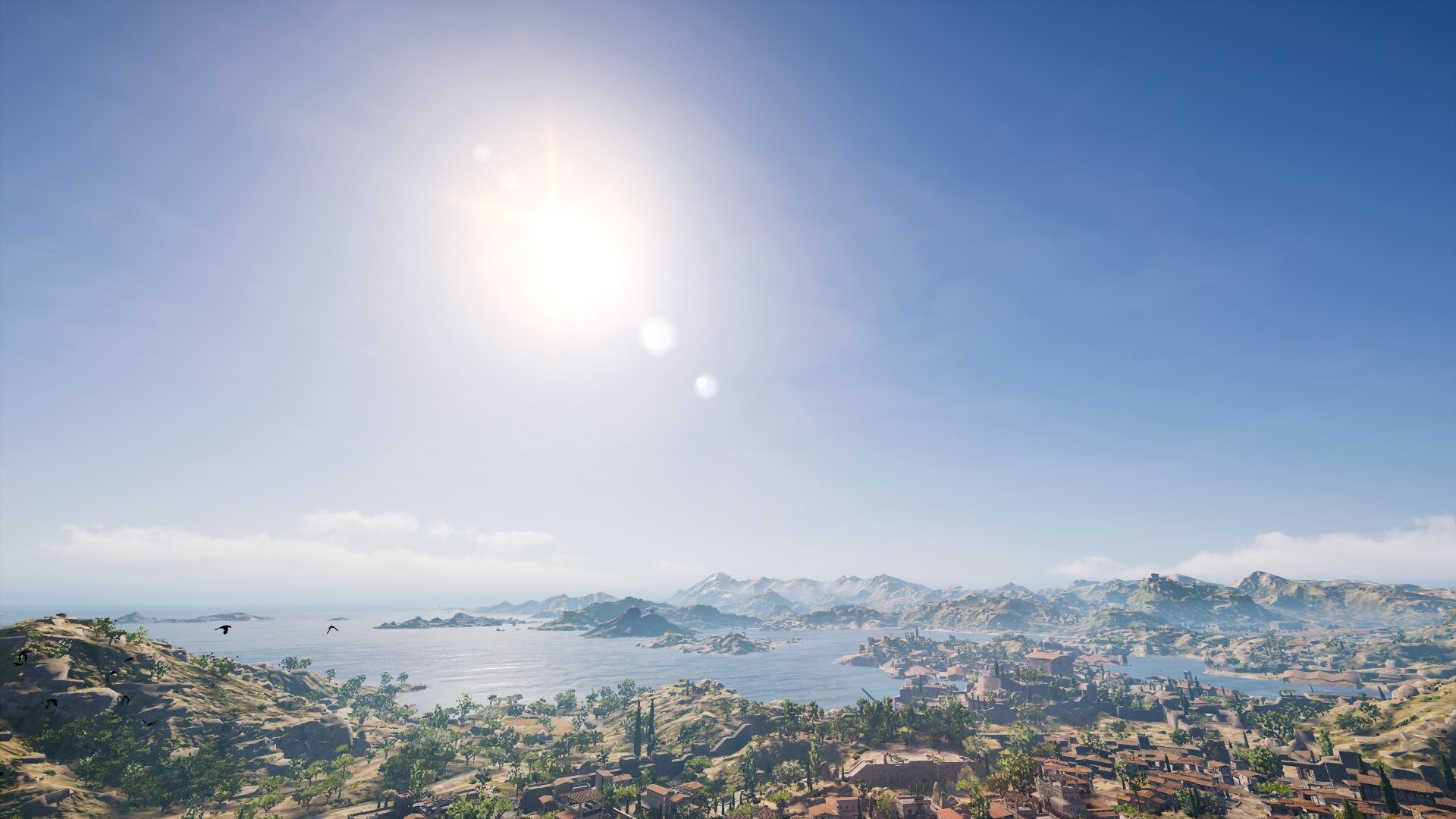 Assassin's Creed Odyssey: Coastal Cityscape with Mountains HD Wallpaper