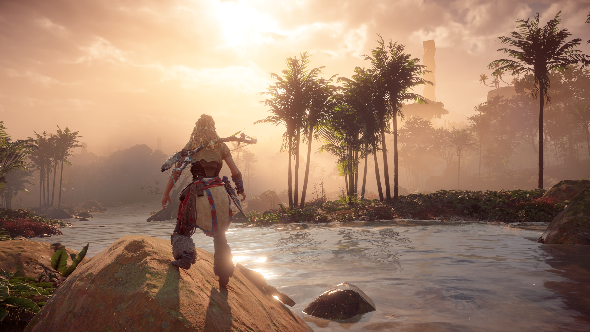Aloy from Horizon Zero Dawn by a river at sunset HD Wallpaper