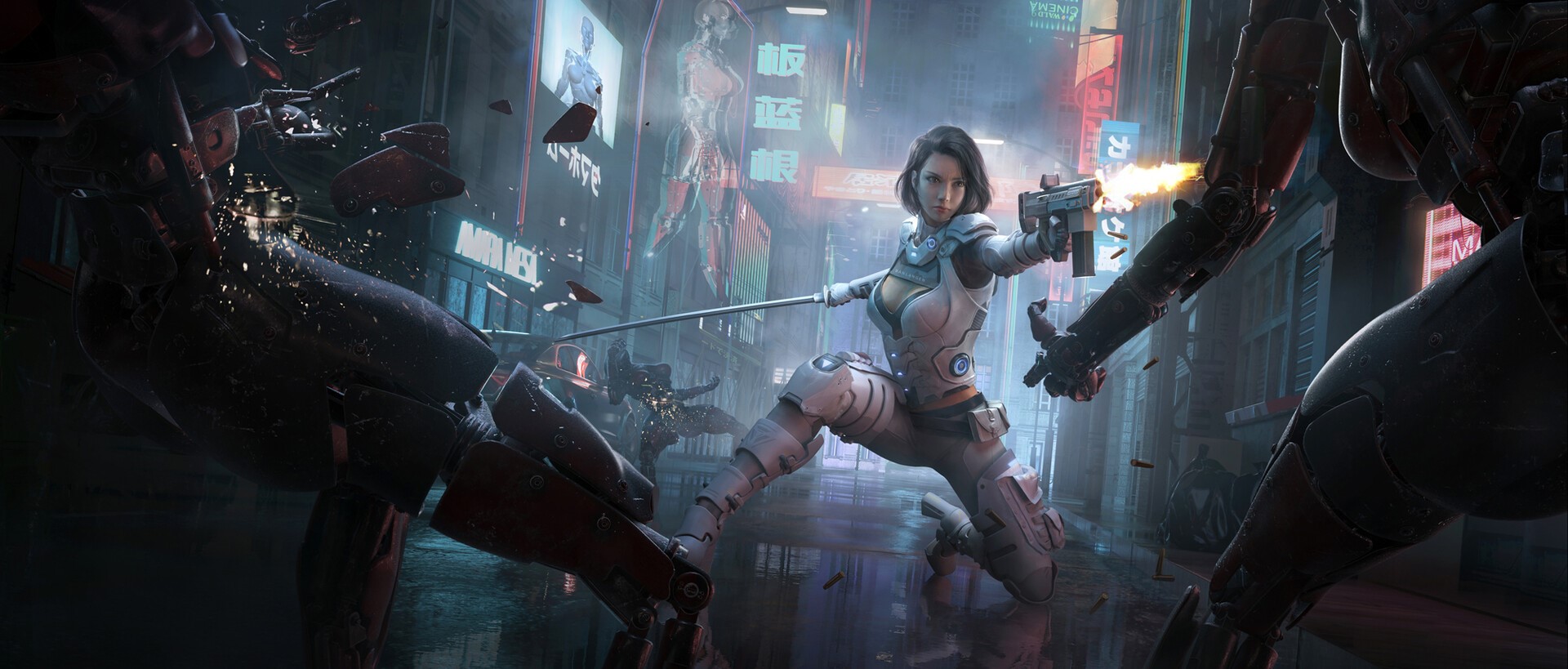 Woman in futuristic armor fighting robots with gun and sword HD Wallpaper