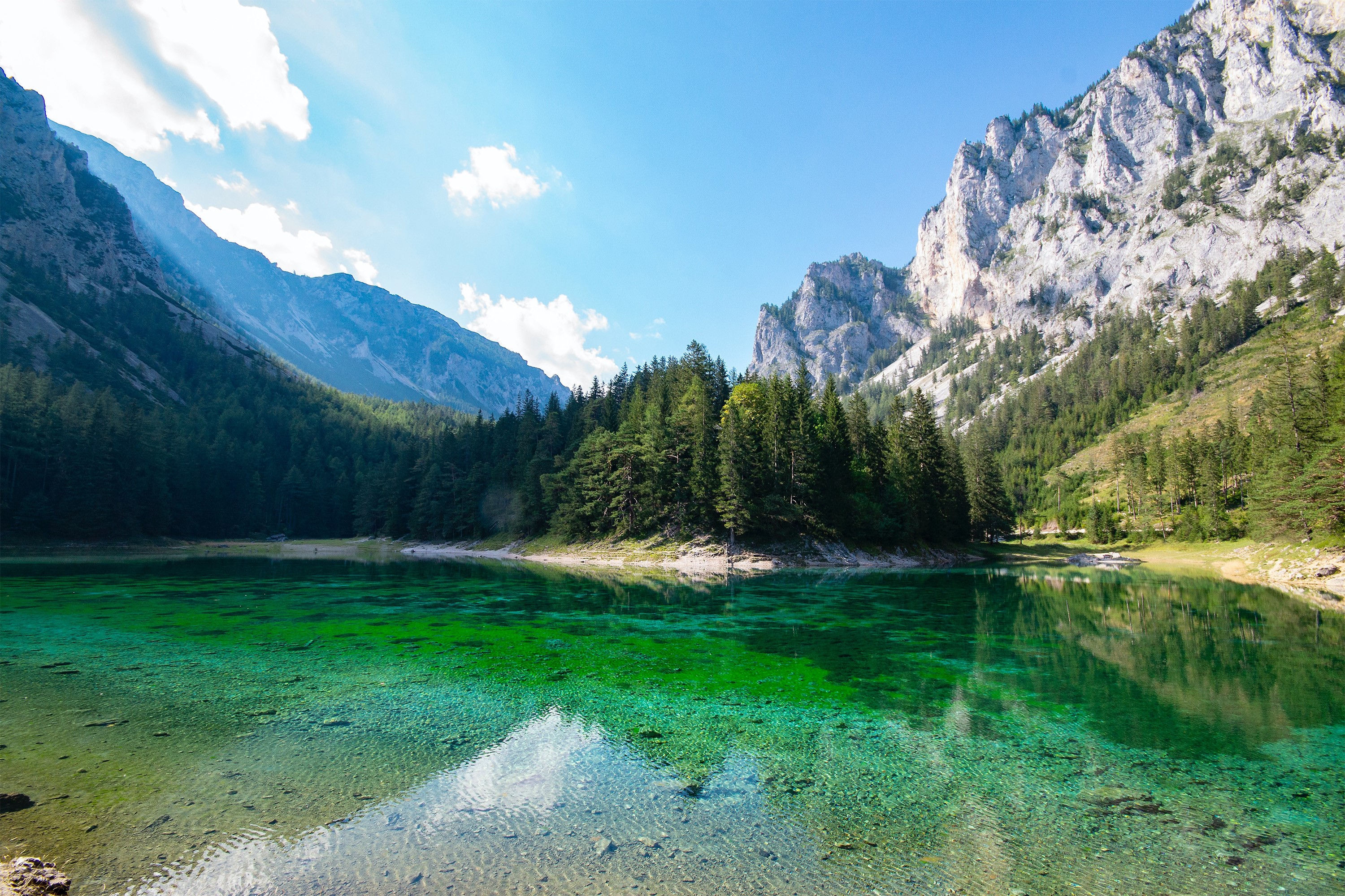 Green lake reflecting mountains and forest under blue sky HD Wallpaper