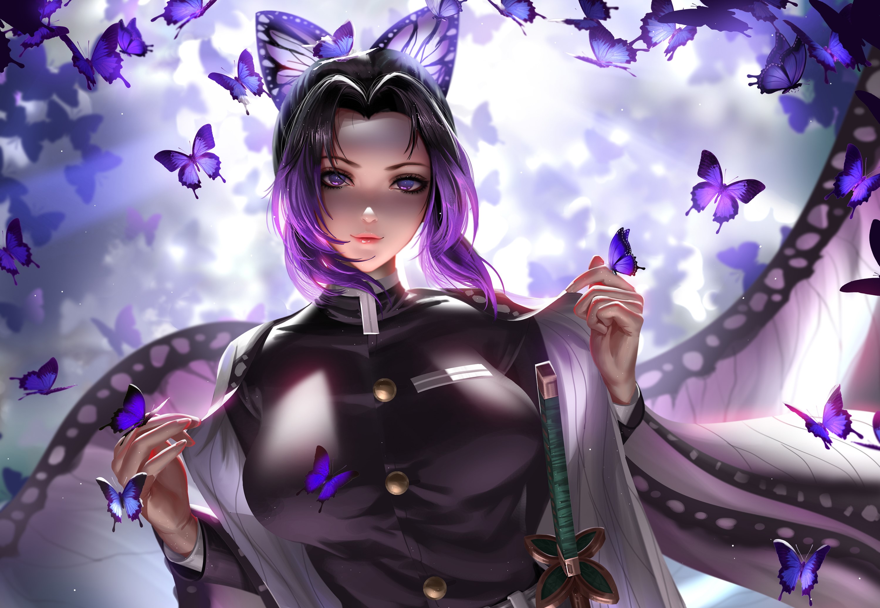 Kochou Shinobu from Kimetsu no Yaiba with butterflies HD Wallpaper