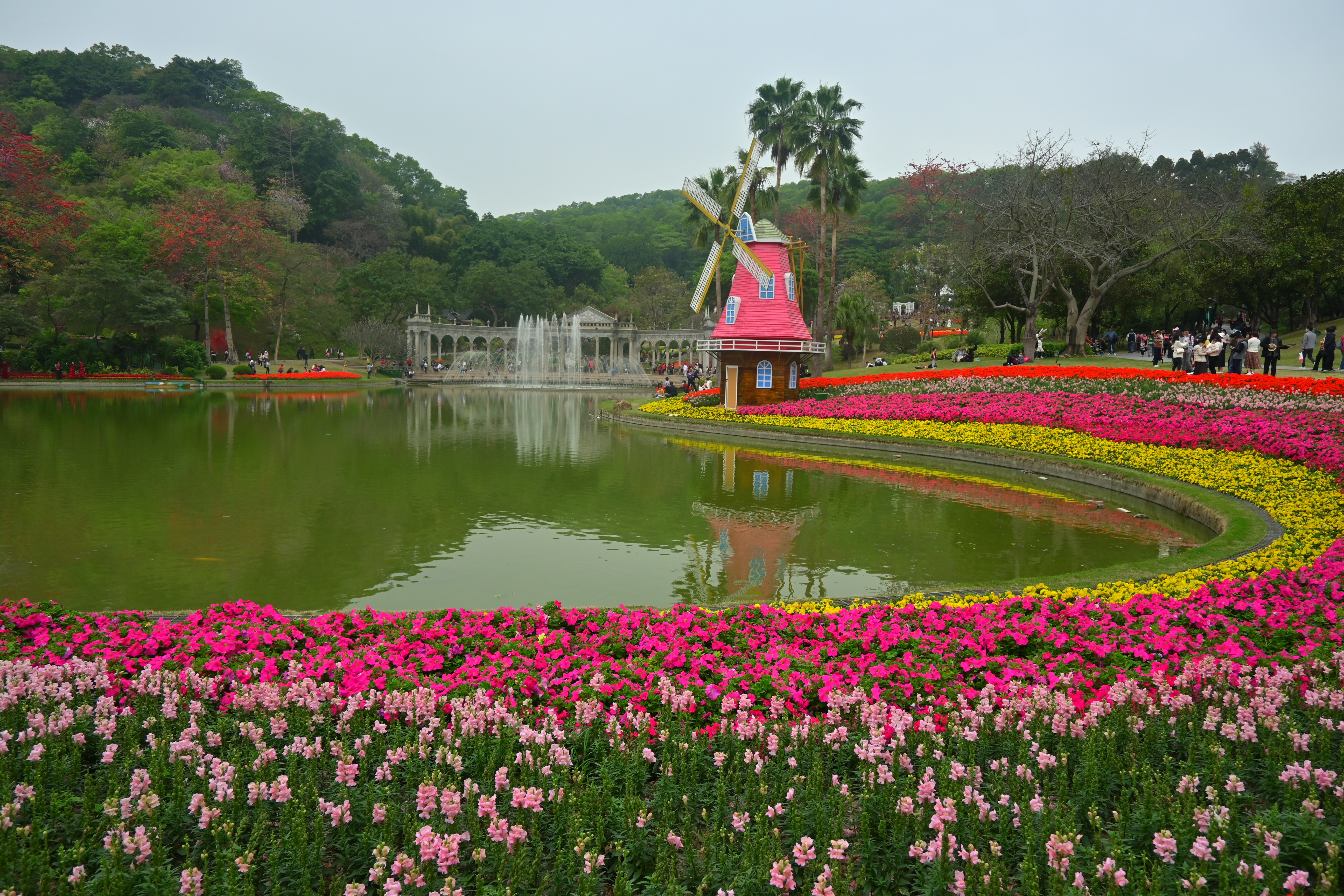 Colorful flowers and windmill by a pond with a fountain HD Wallpaper