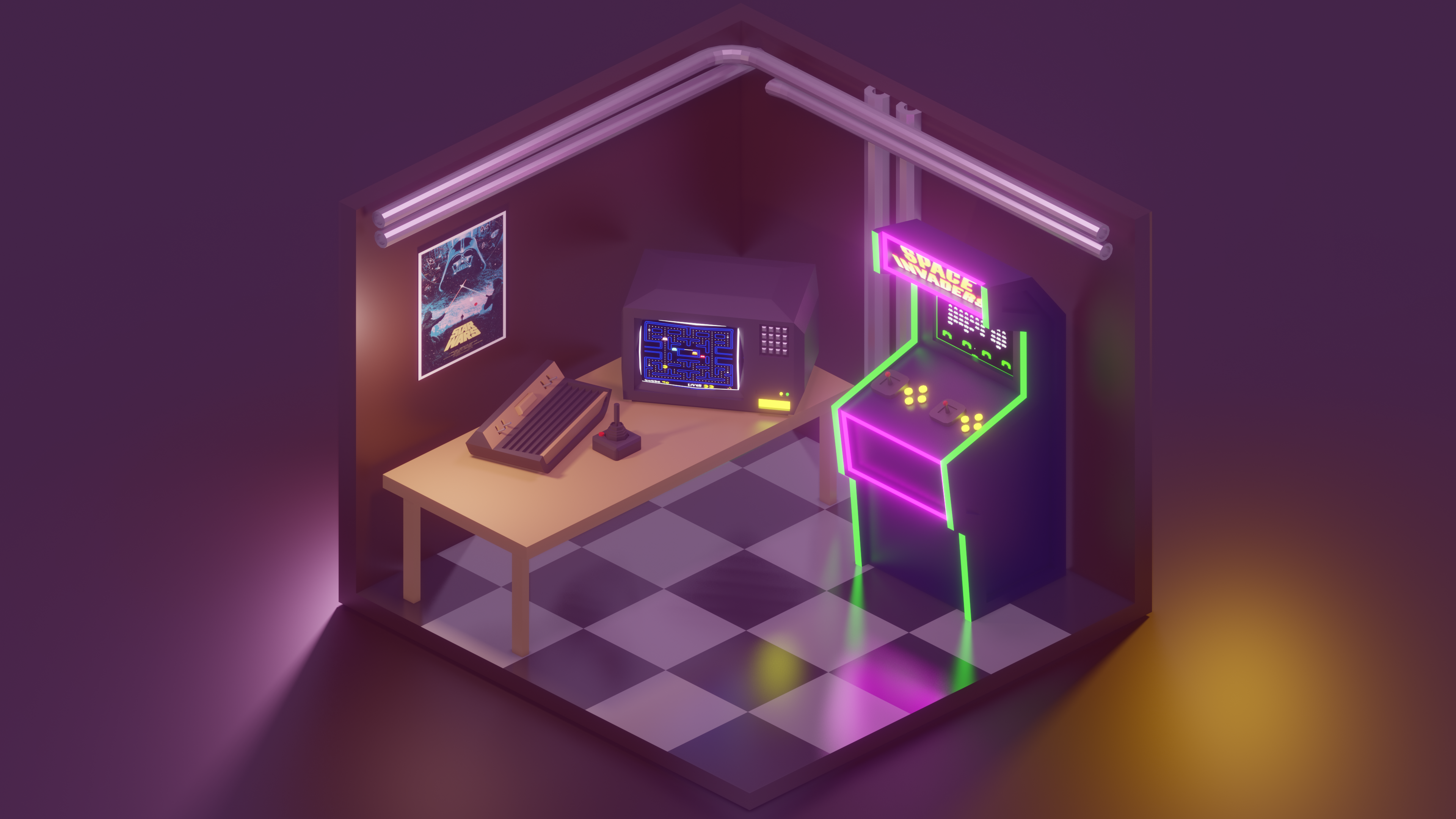 Retro Arcade Room with Atari and Space Invaders HD Wallpaper
