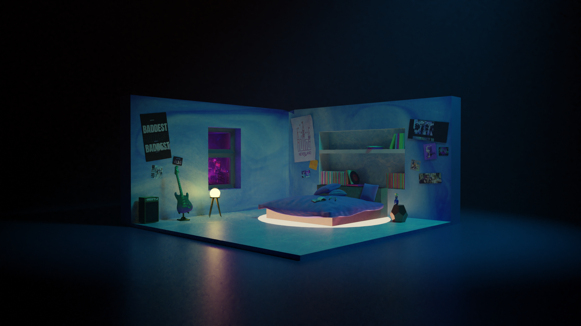 Isometric bedroom with guitar and bed HD Wallpaper