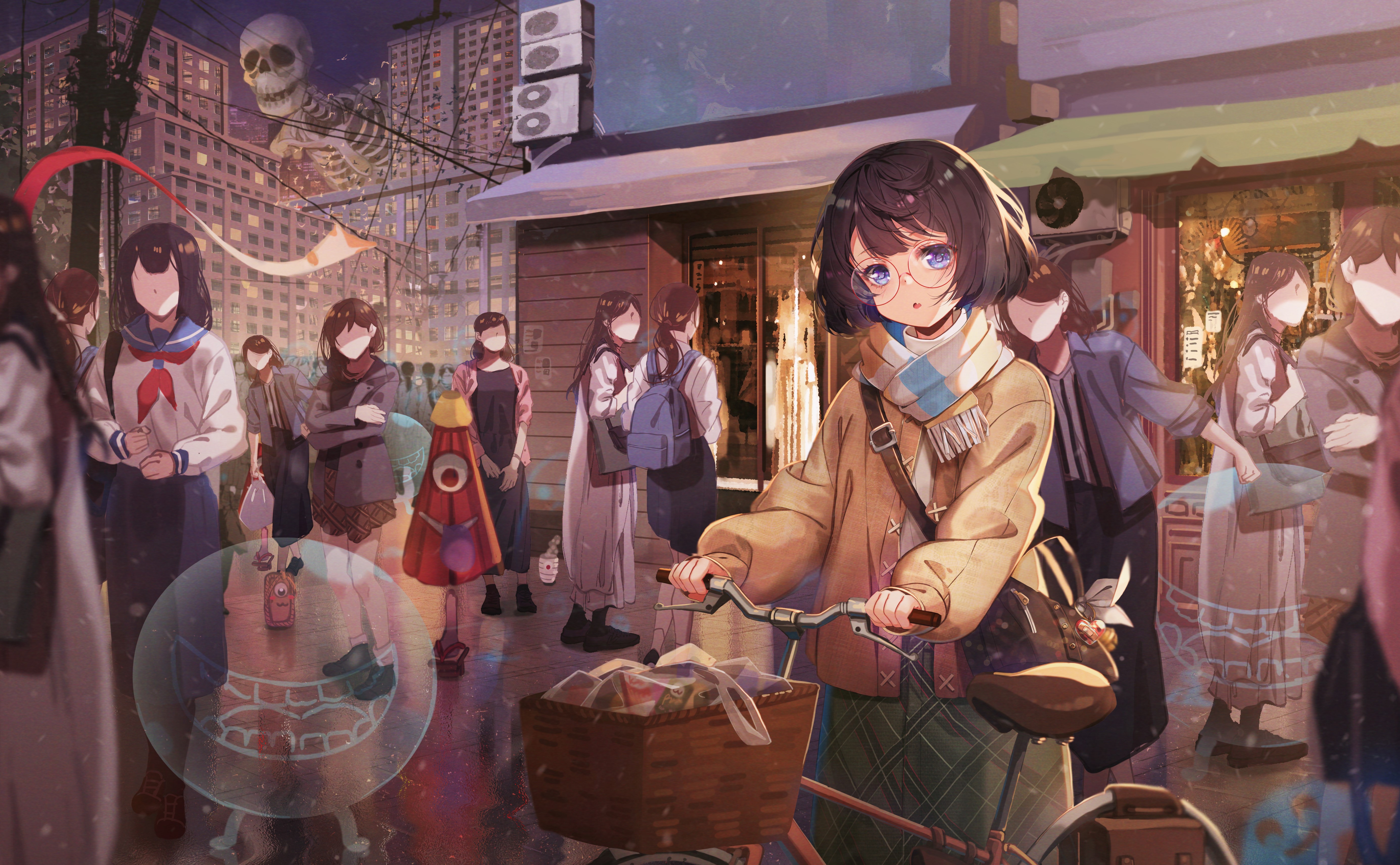 Anime girls and skeleton in a city street at night HD Wallpaper