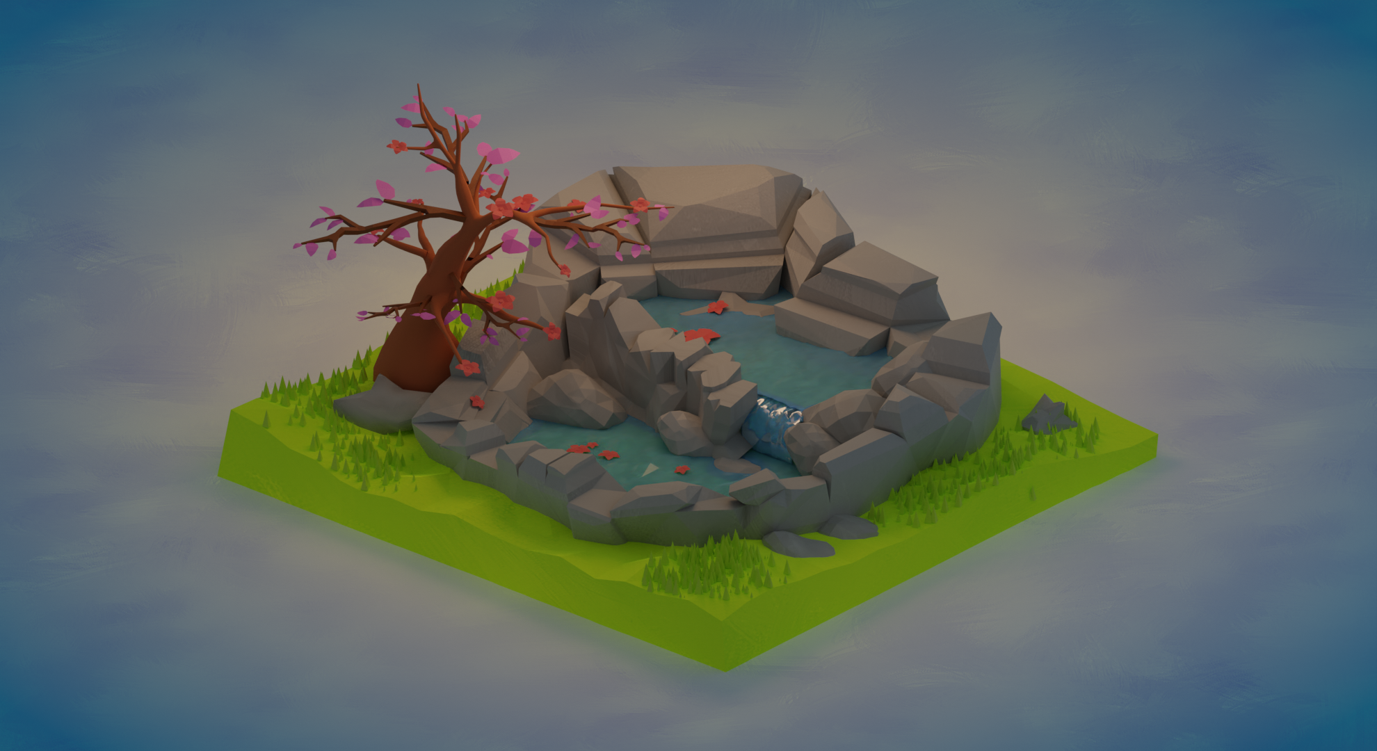 Isometric low-poly pond with cherry blossom tree HD Wallpaper