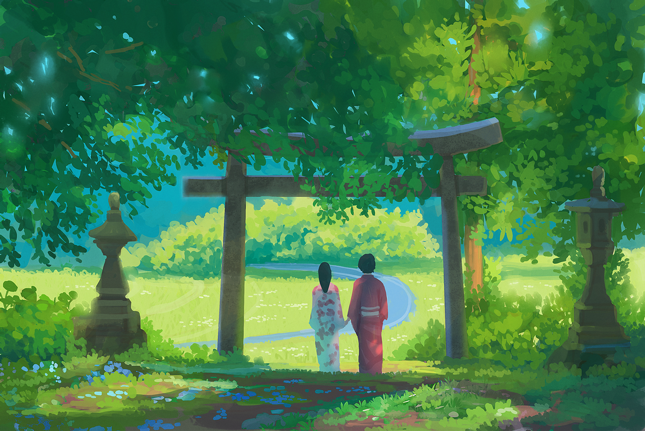 Couple in Kimonos under a Torii gate HD Wallpaper