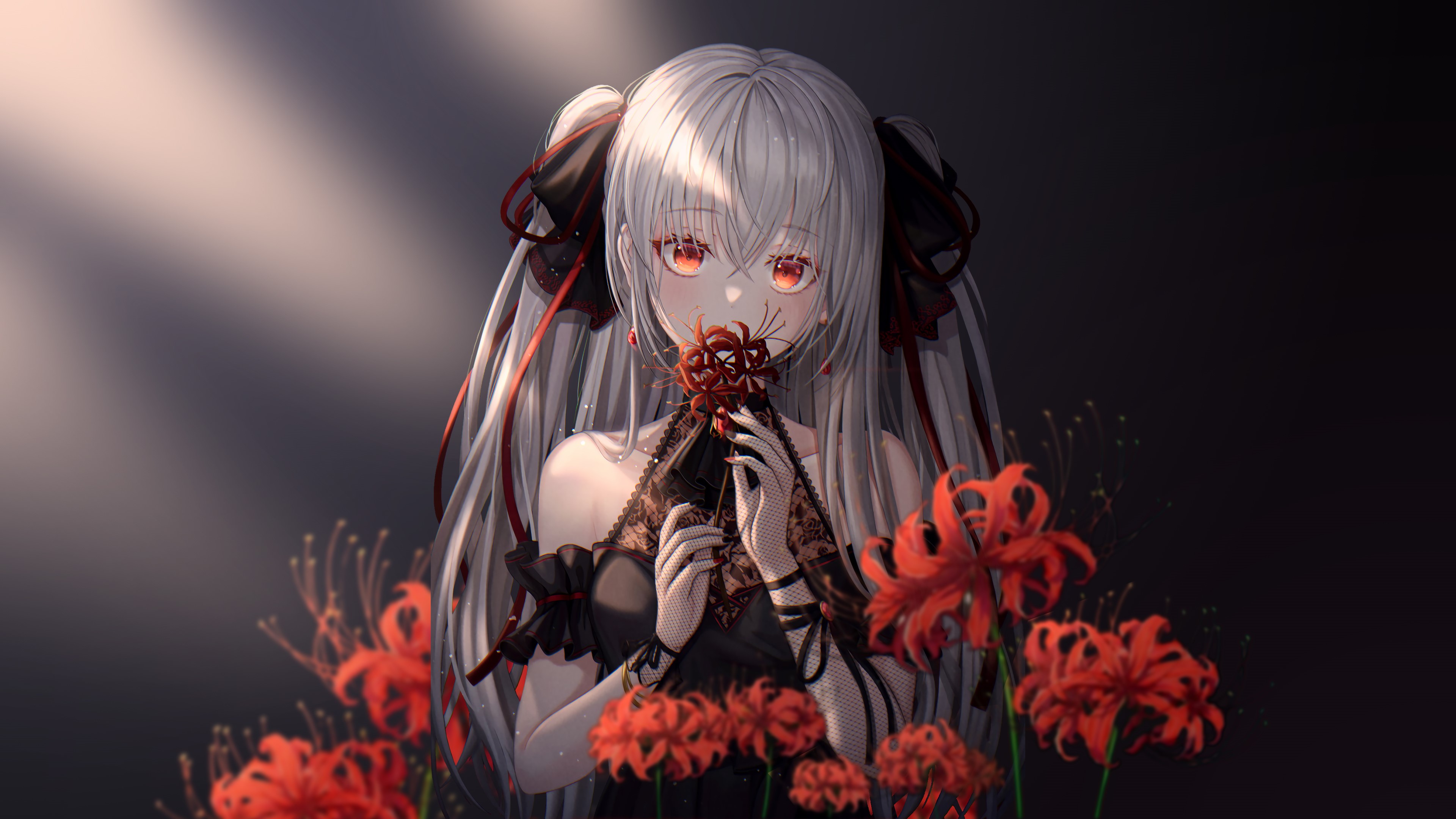 Anime girl with silver hair and red eyes holding flowers HD Wallpaper
