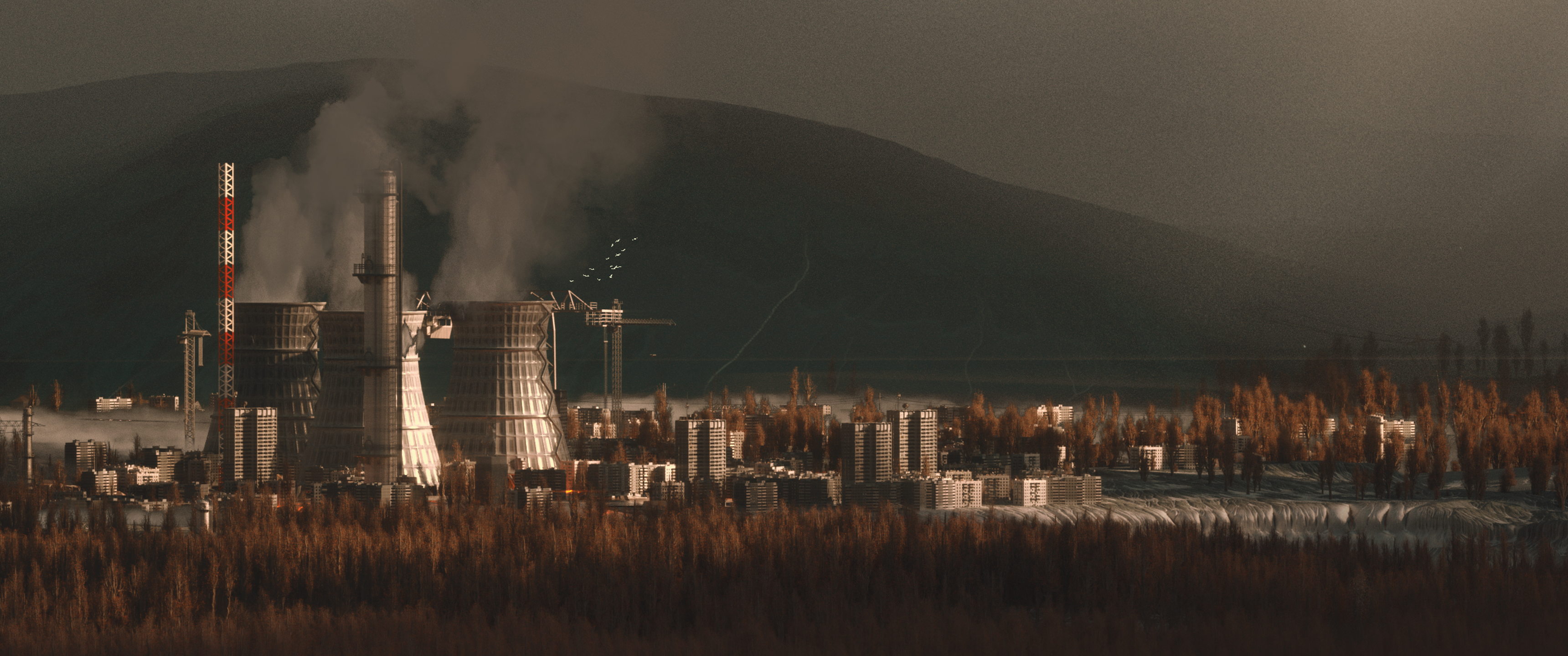 Industrial power plant with cooling towers and smoke HD Wallpaper