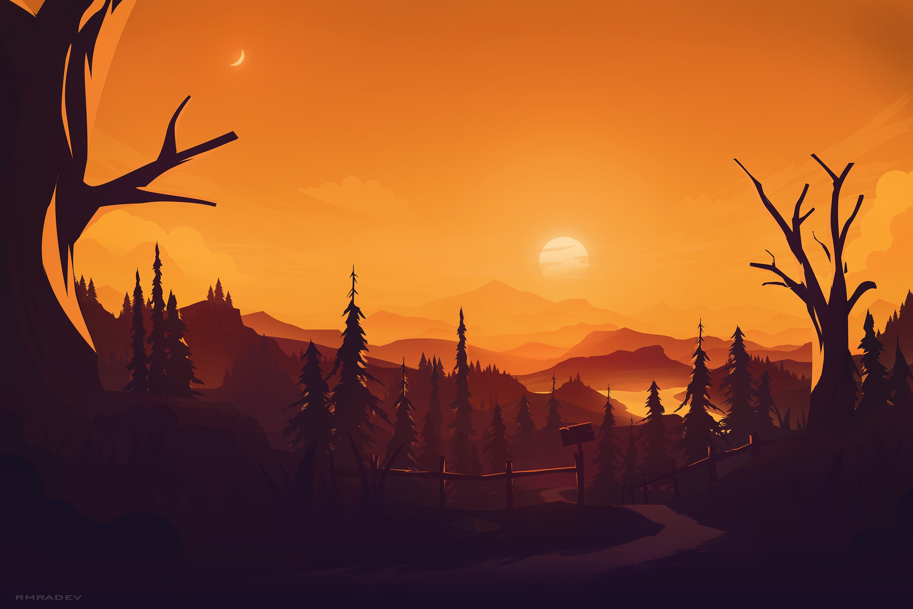 Digital art landscape of mountains at sunset by rmRadev HD Wallpaper