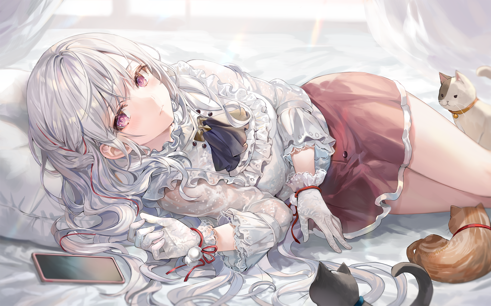Momoko with cats in bed HD Wallpaper
