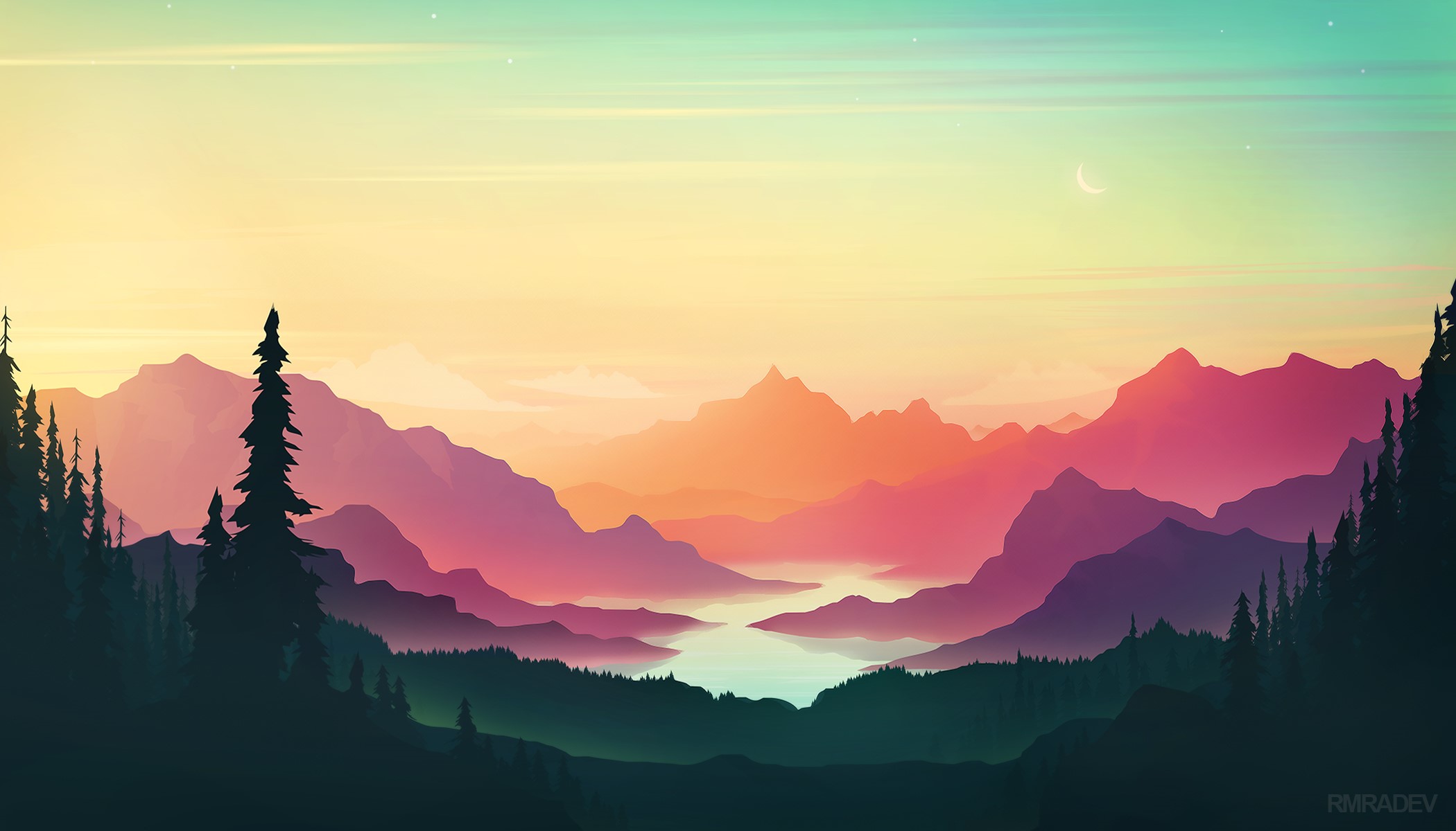 Digital painting of mountains and river at sunset HD Wallpaper