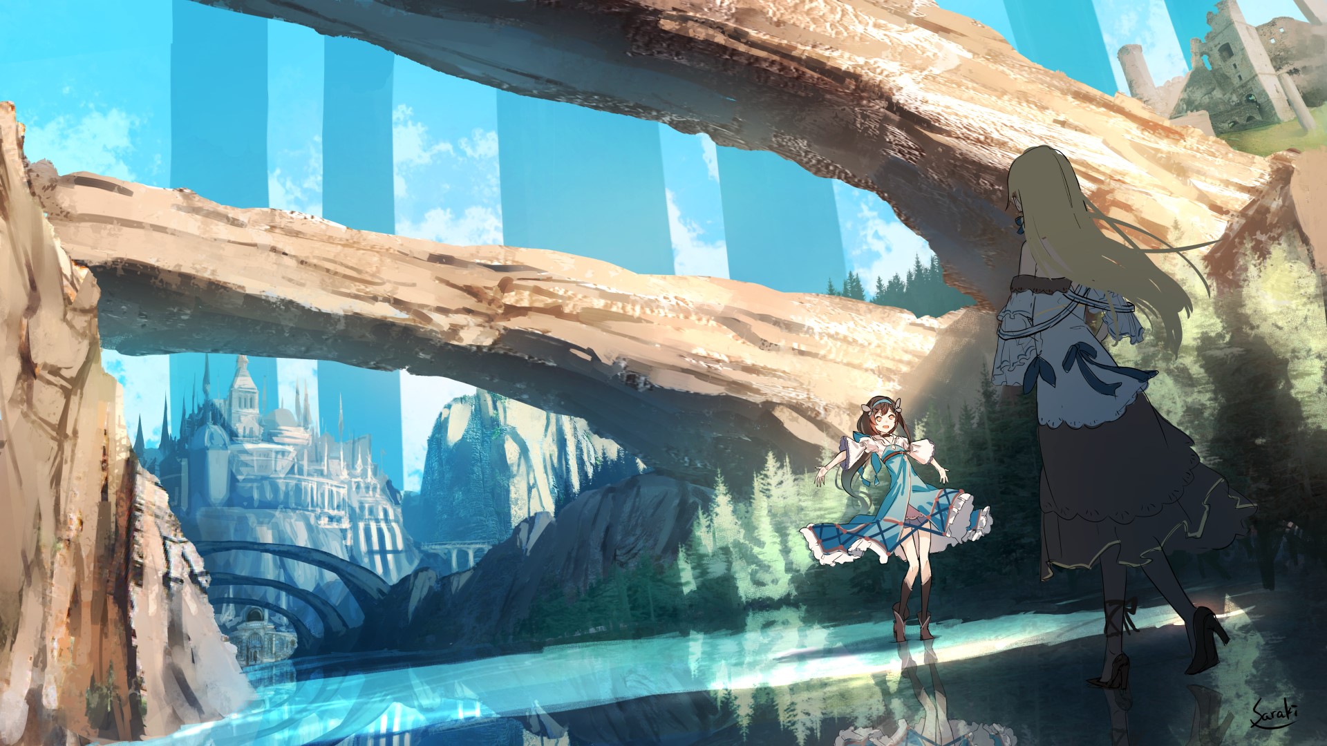 Anime girls in a fantasy landscape with a castle HD Wallpaper