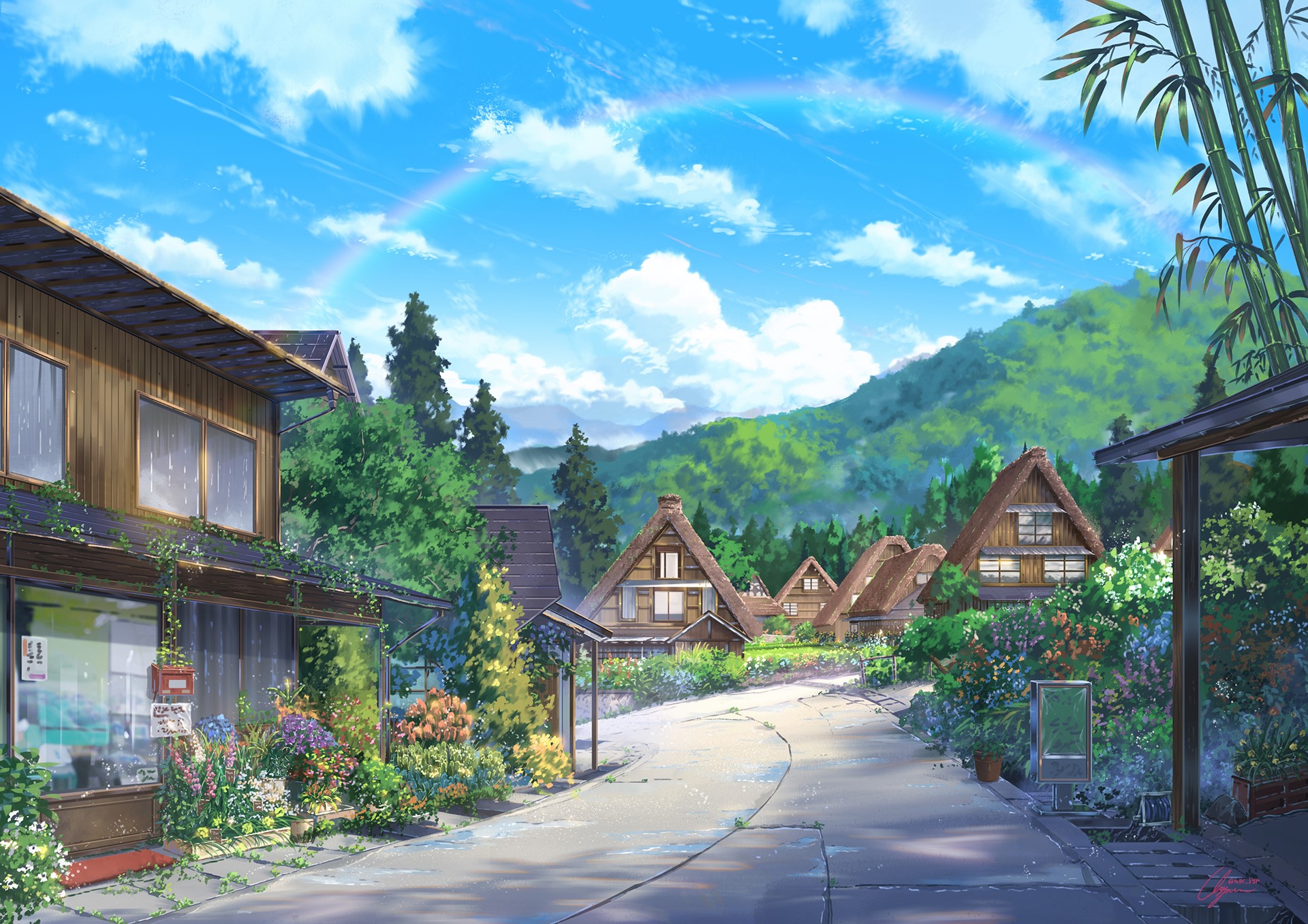 Anime village with thatched roof houses and a rainbow HD Wallpaper