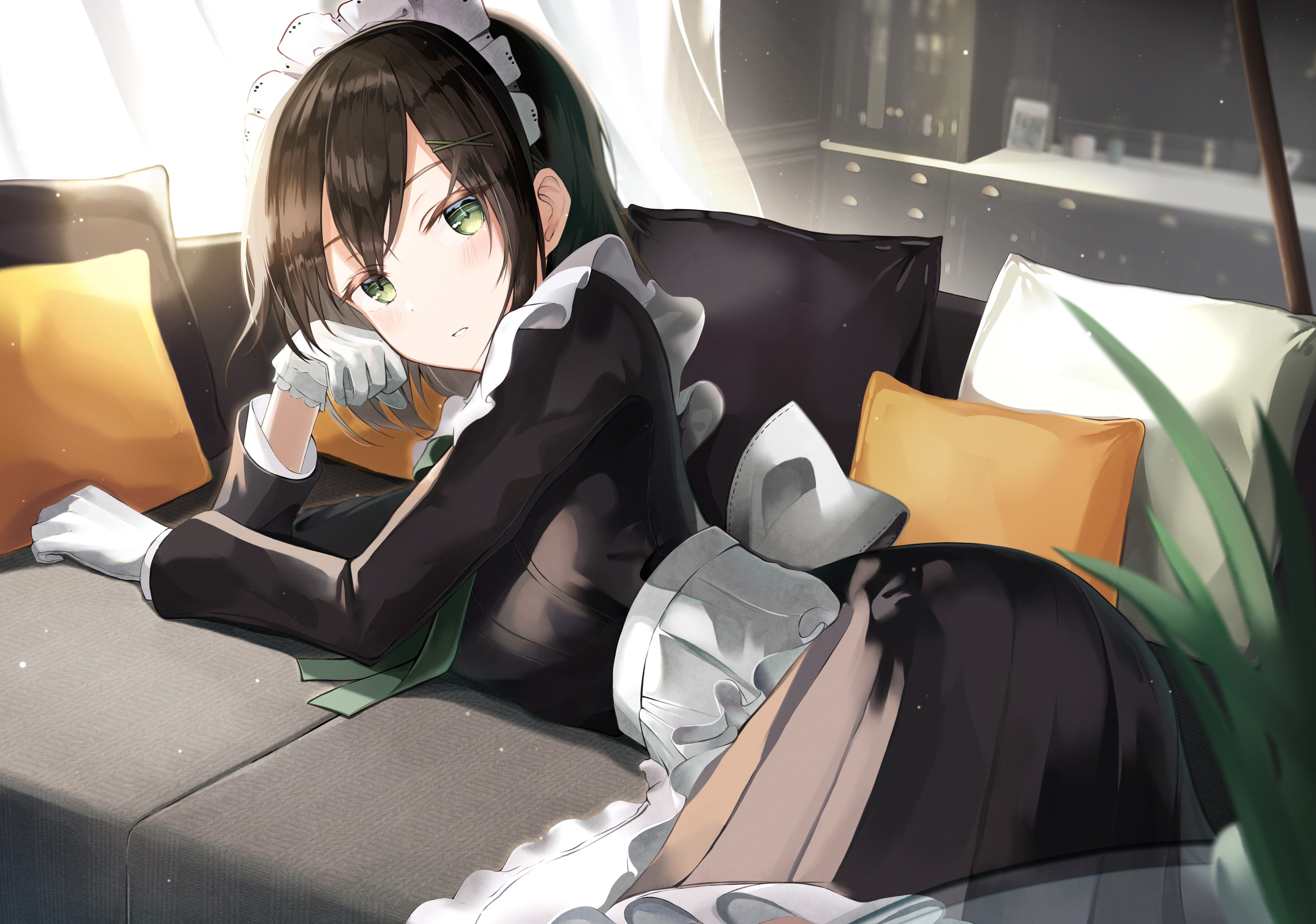 Maid with green eyes lying on couch HD Wallpaper