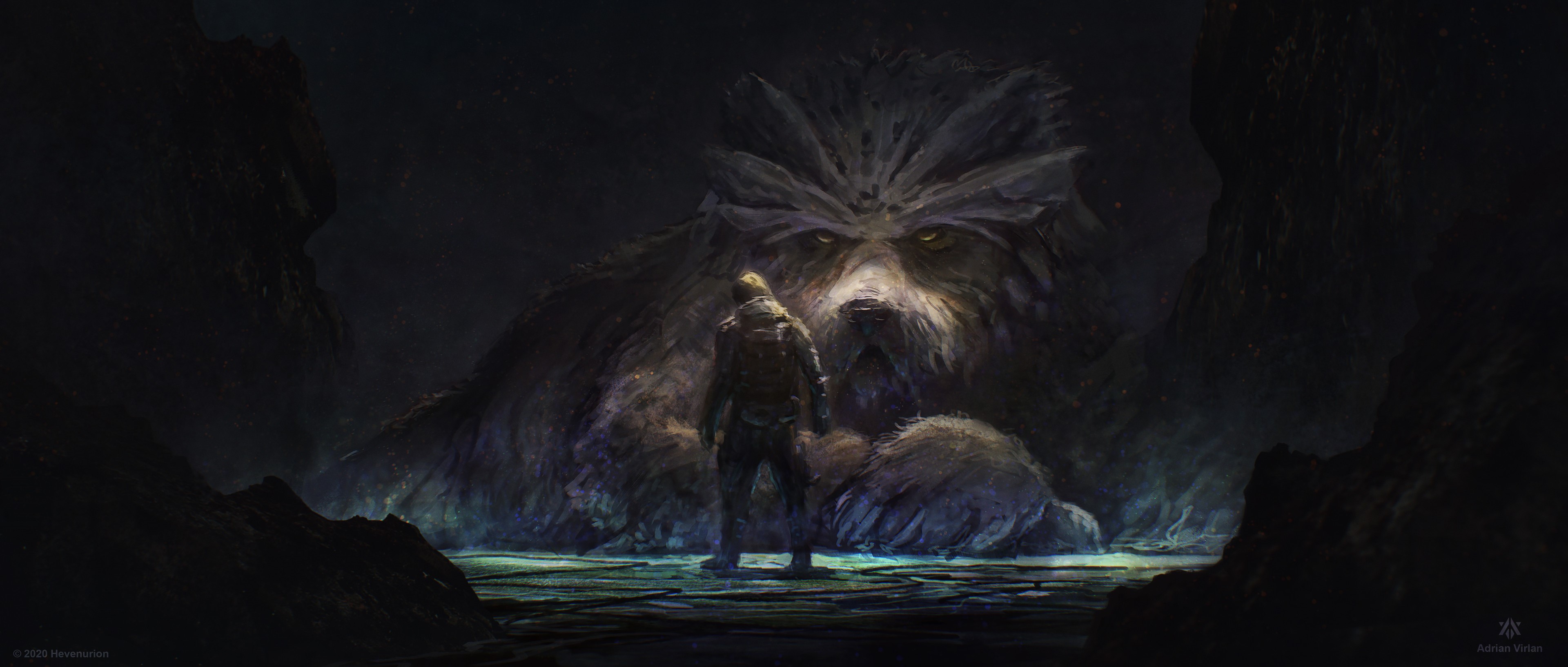 Man facing a giant creature in a dark cave HD Wallpaper