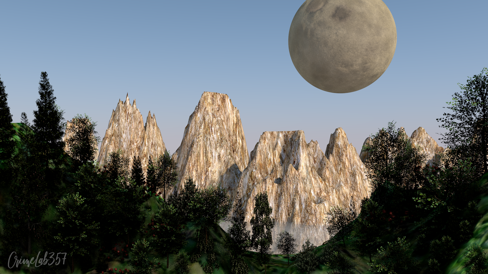 3D rendered landscape with mountains and moon HD Wallpaper