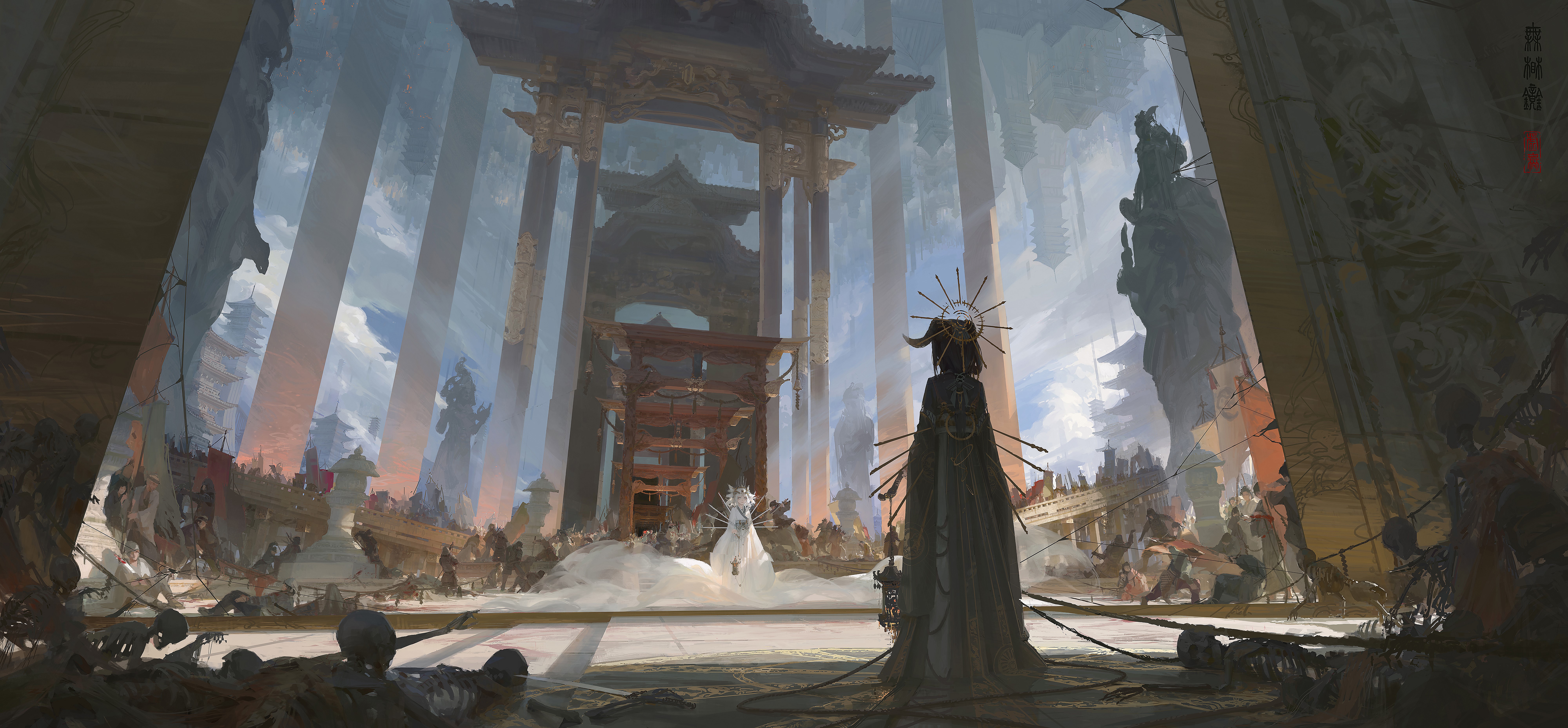 4K anime scene with figures and architecture HD Wallpaper