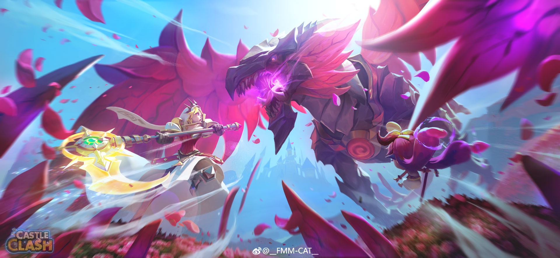Dragon and heroes in battle from Castle Clash HD Wallpaper