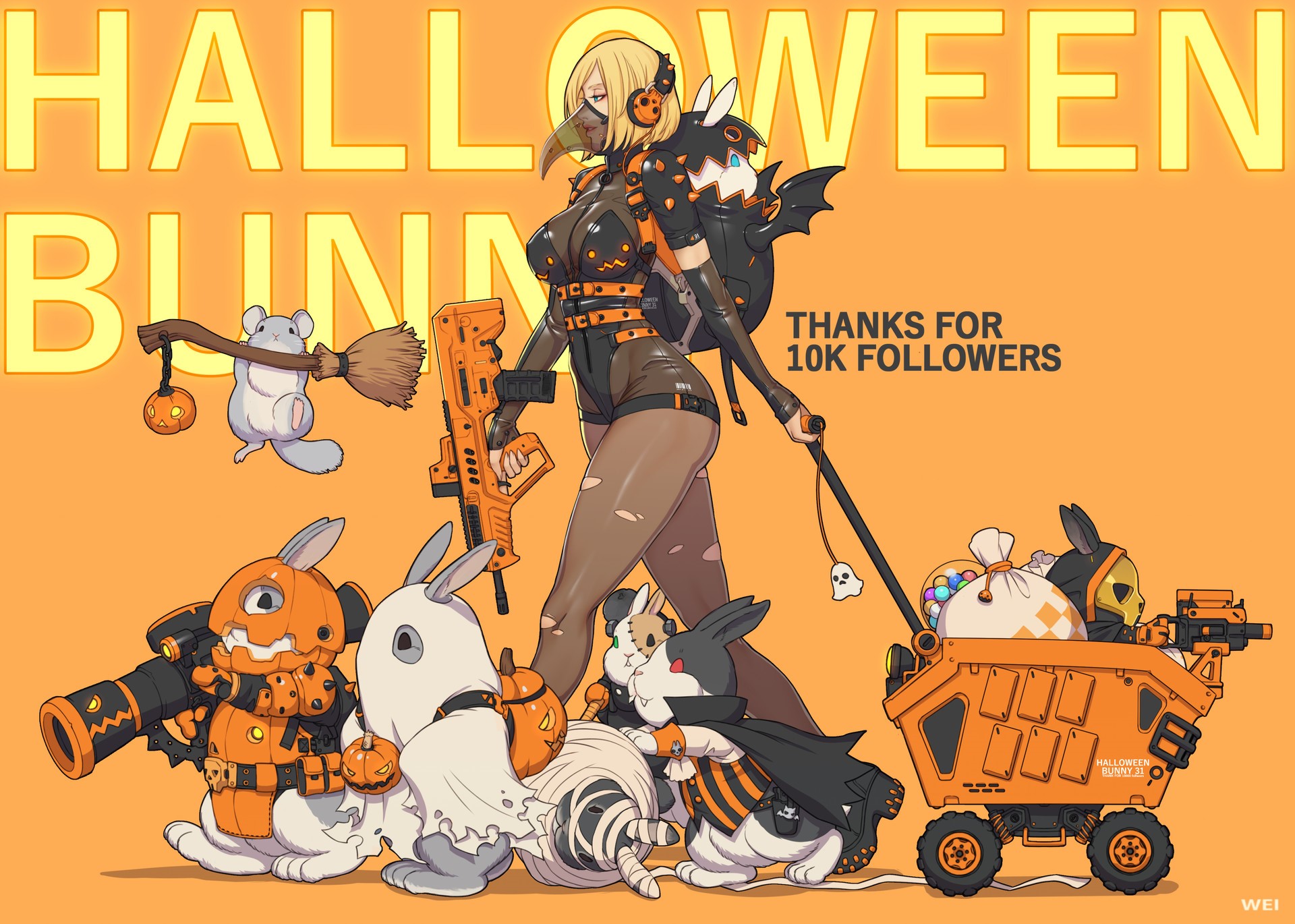 Halloween Bunny girl with bunny companions and weapons HD Wallpaper
