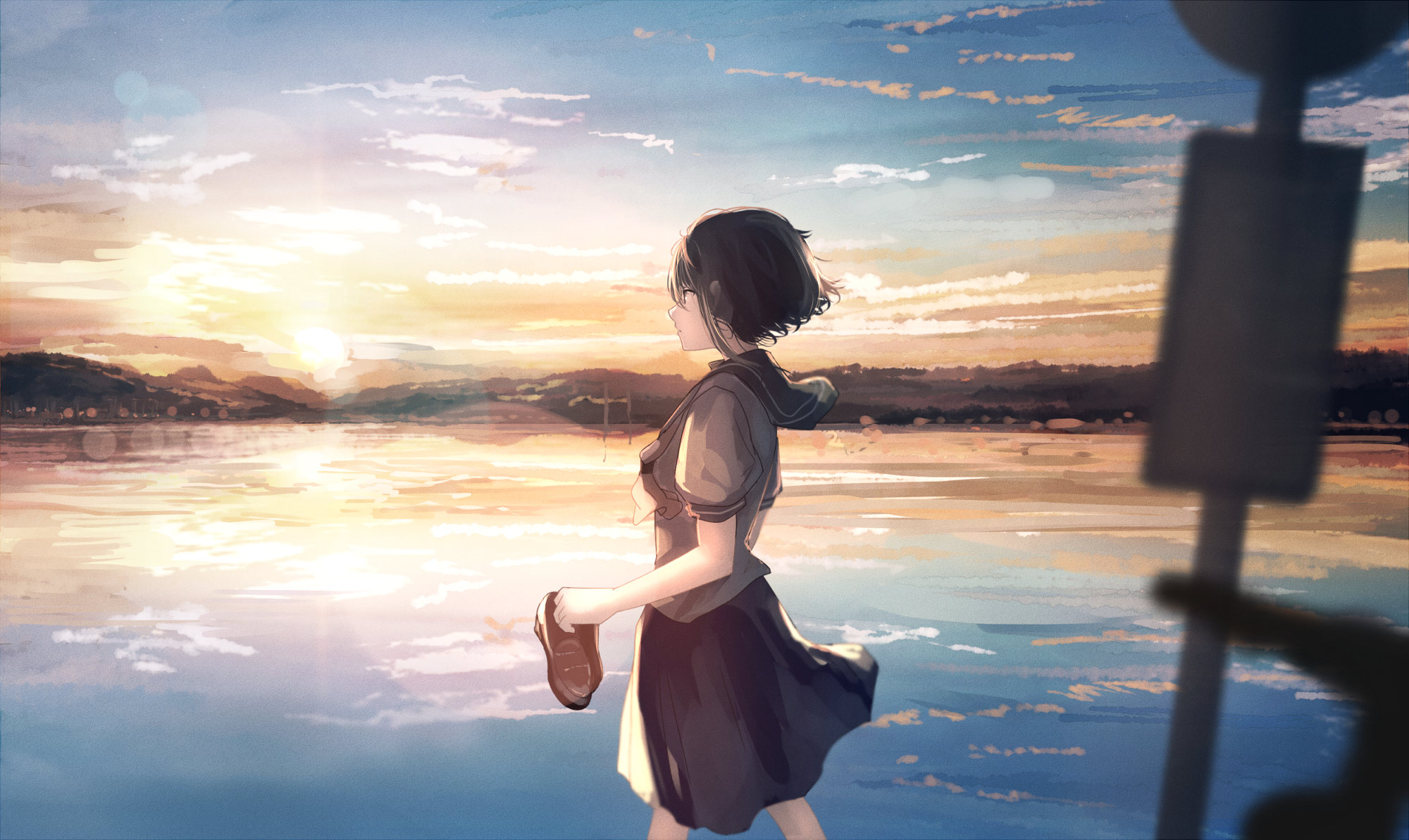 Anime girl with short hair walking by a river at sunset HD Wallpaper