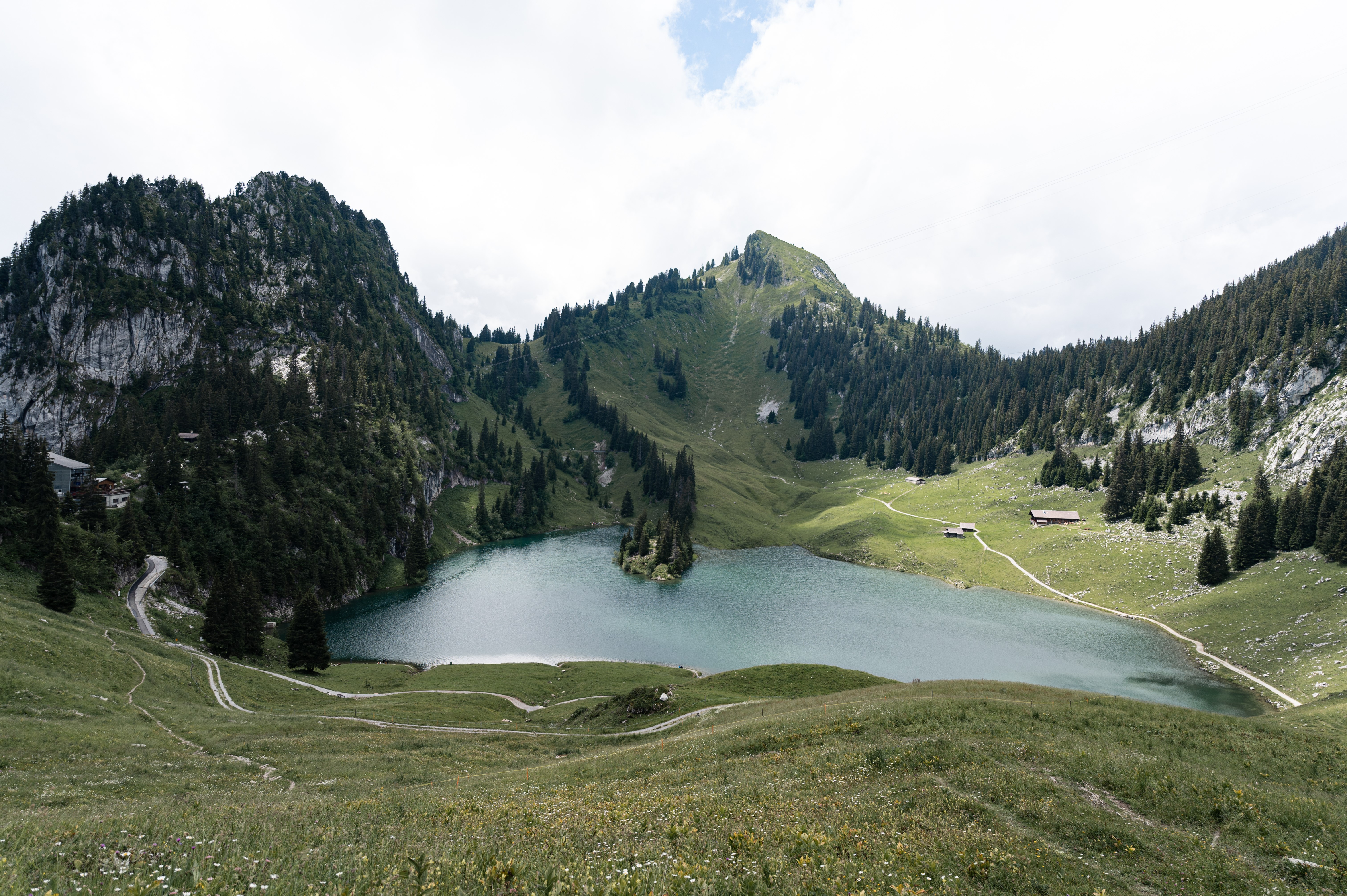 Lake and mountains landscape with trees and grass HD Wallpaper