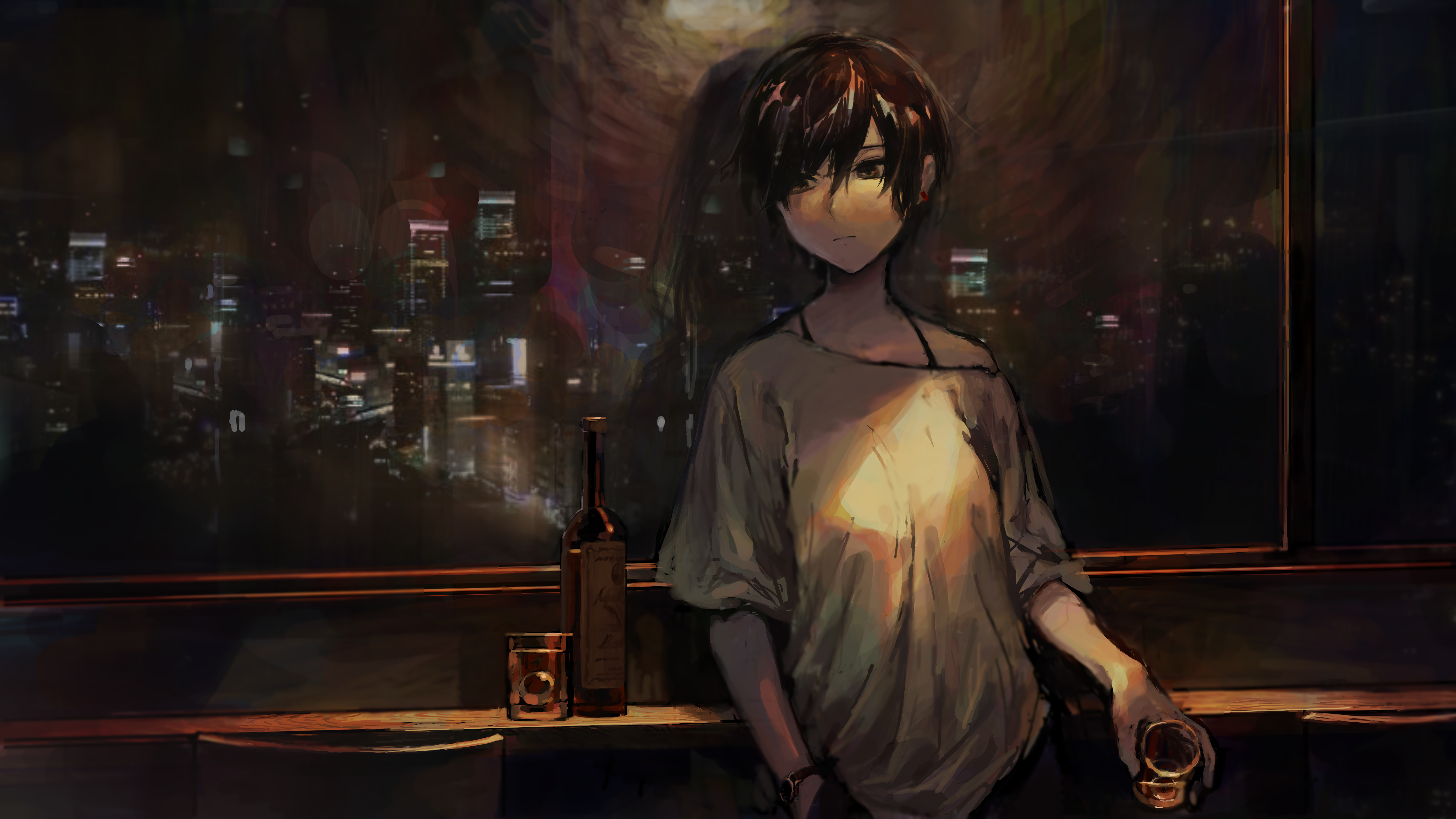 Anime girl with bottle and glass overlooking city HD Wallpaper