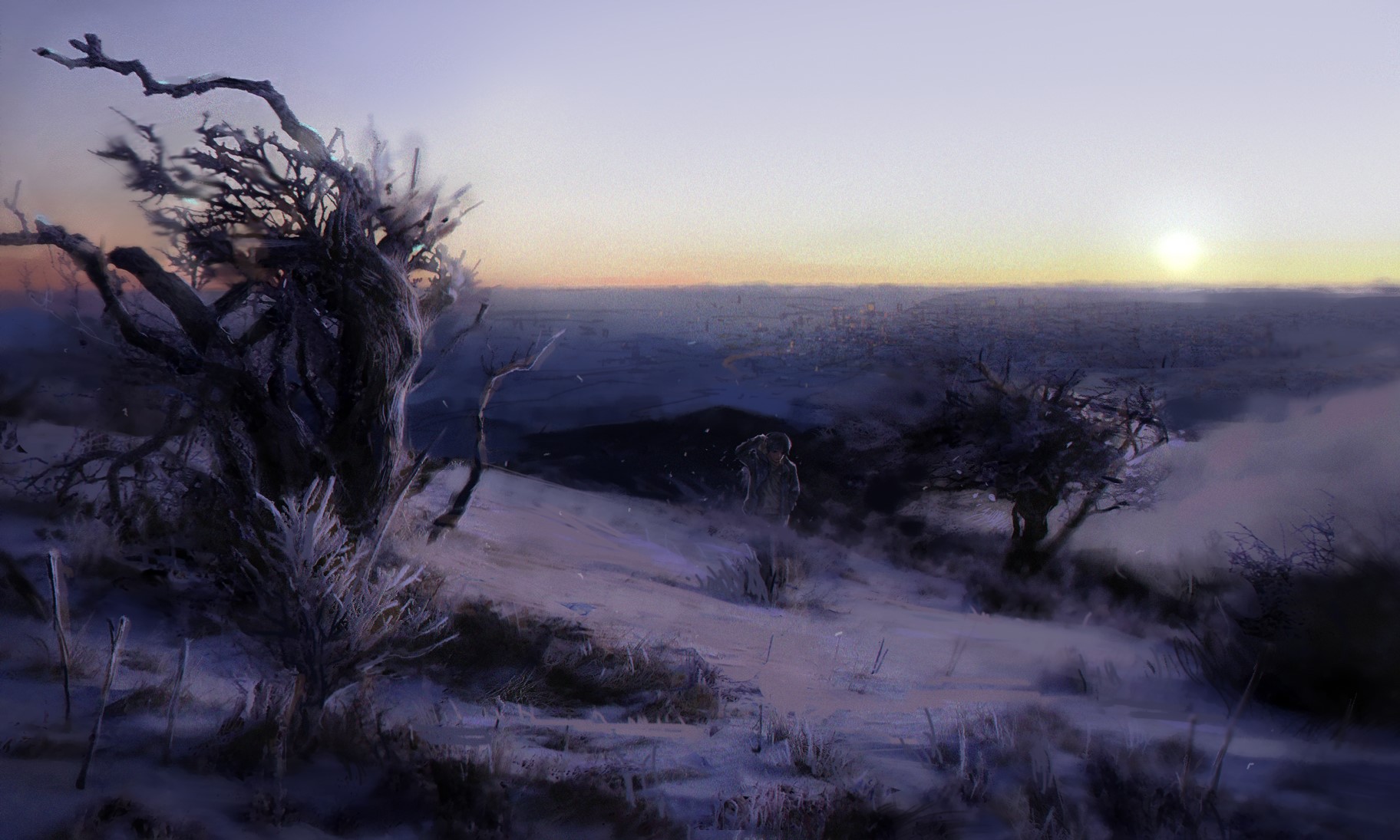 A lone figure stands on a snowy landscape at sunrise HD Wallpaper