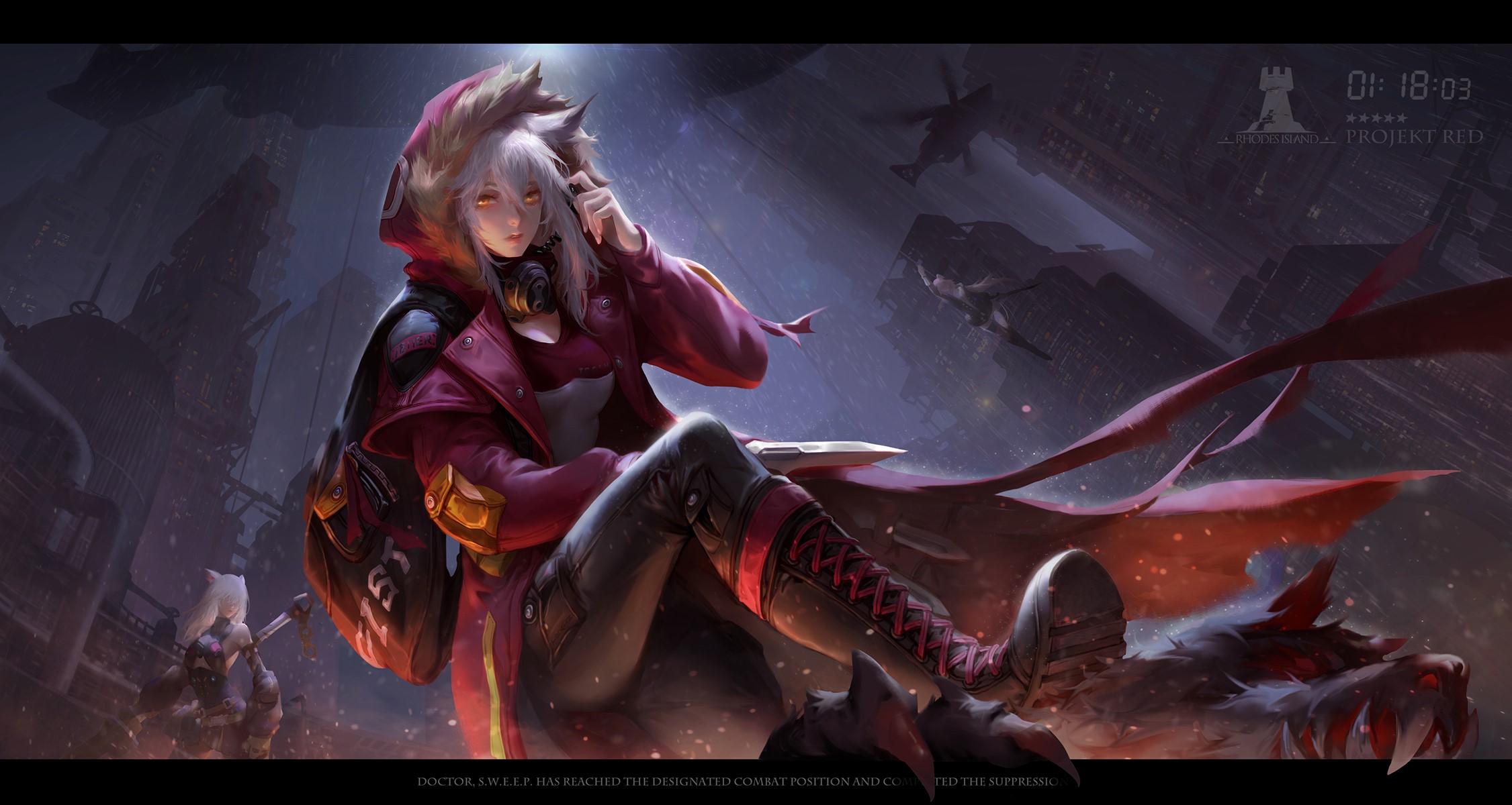 Projekt Red from Arknights sitting on a creature HD Wallpaper