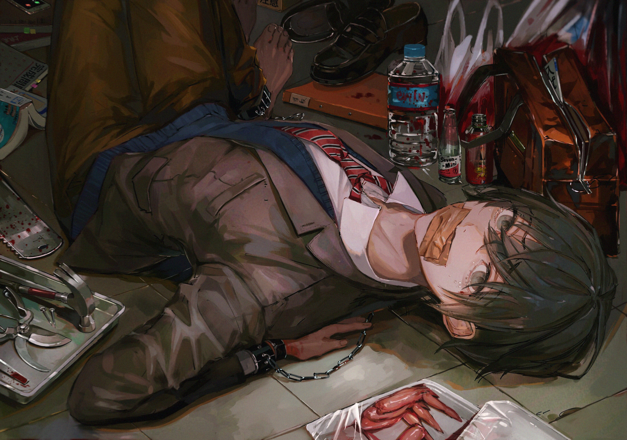 Anime boy in school uniform, injured and chained HD Wallpaper
