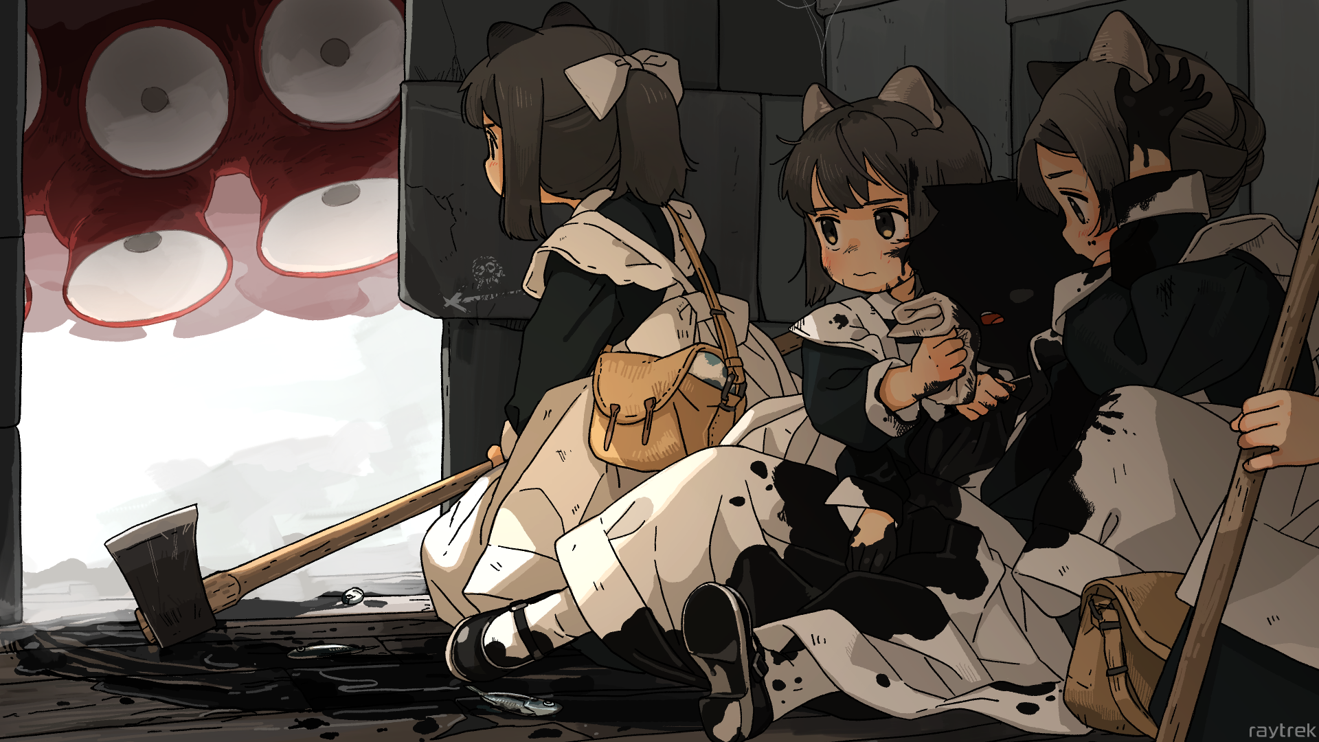 Anime girls with cat ears and maid outfits facing an octopus HD Wallpaper