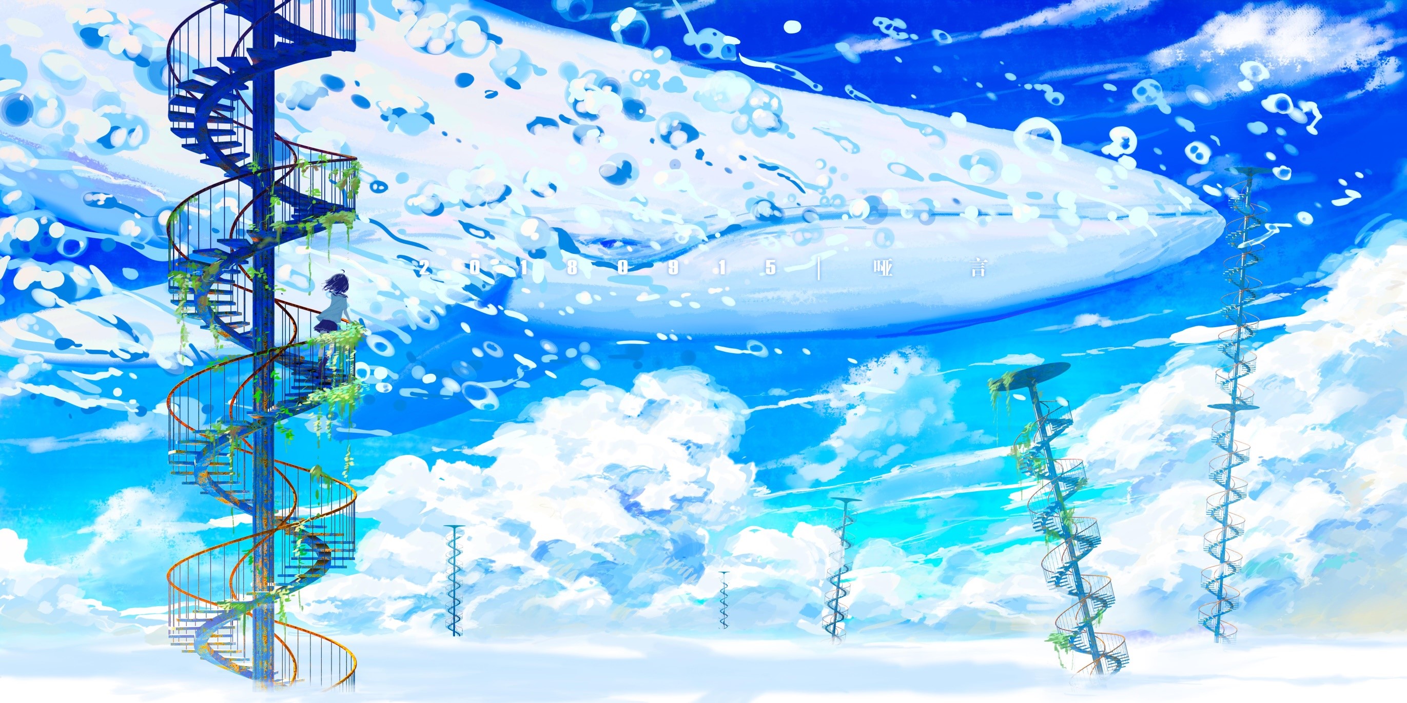 Anime girl on spiral staircase with whale in sky HD Wallpaper
