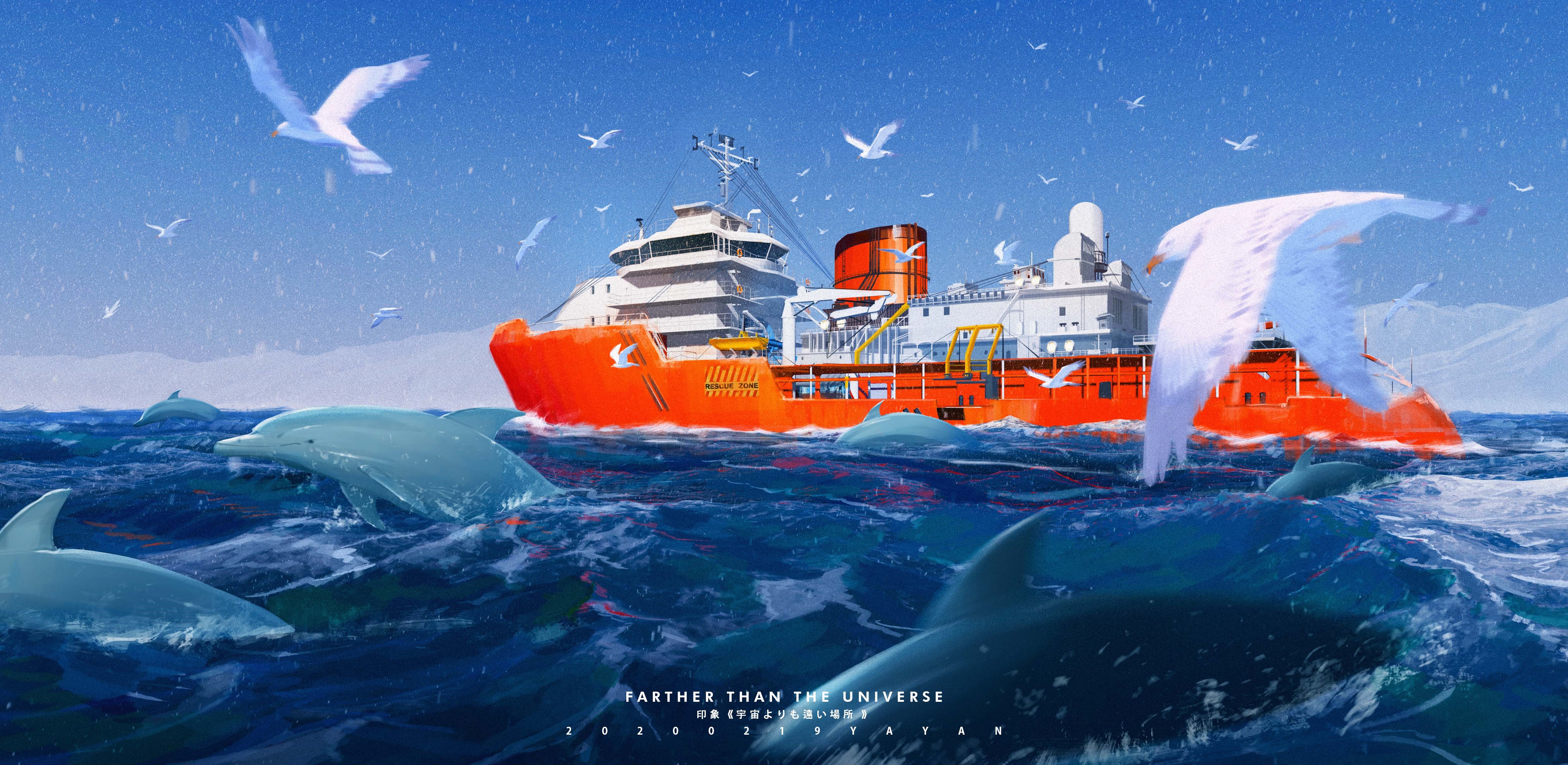 4K anime ship with dolphins and seagulls HD Wallpaper