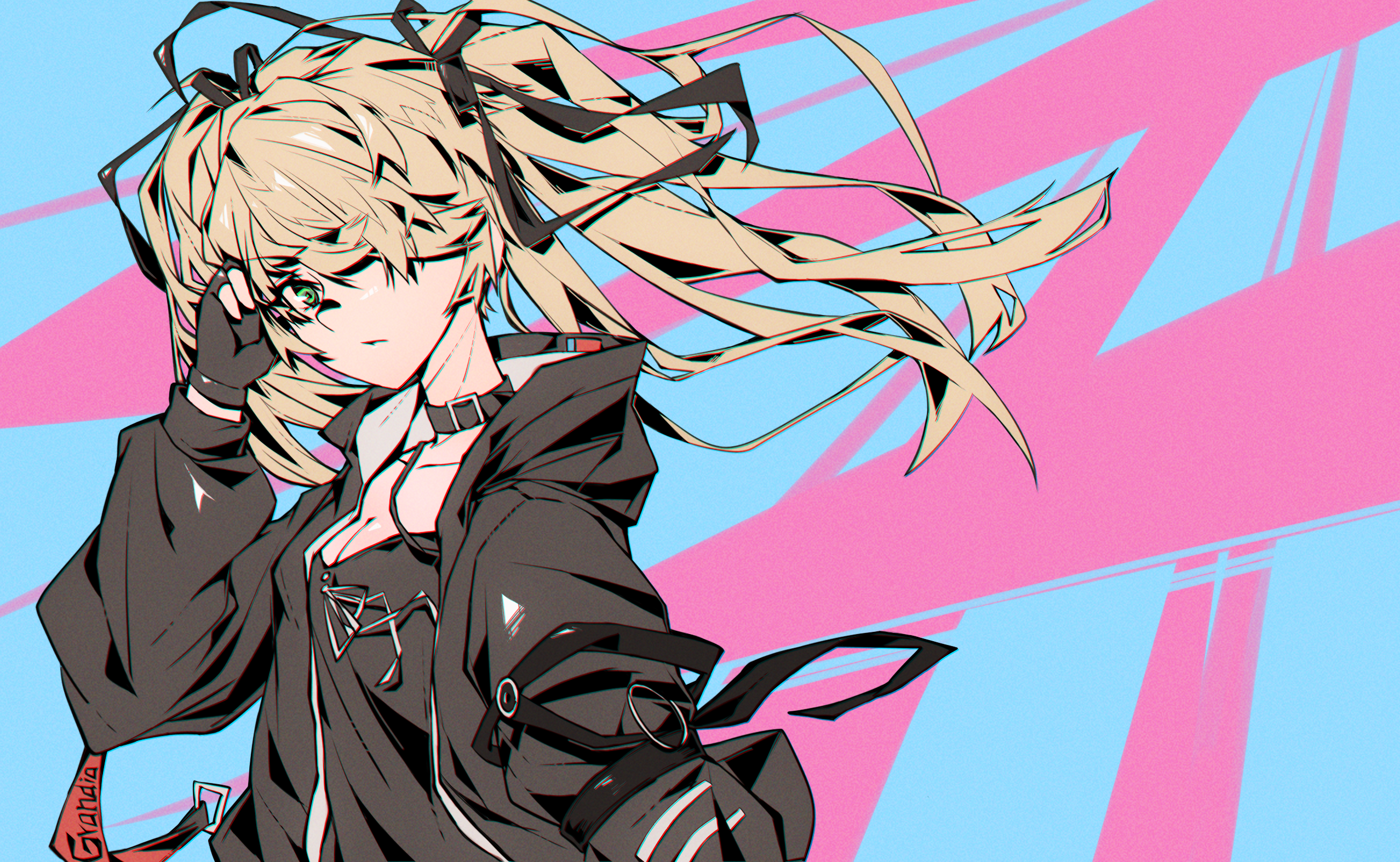 Anime girl with blonde hair and black jacket HD Wallpaper
