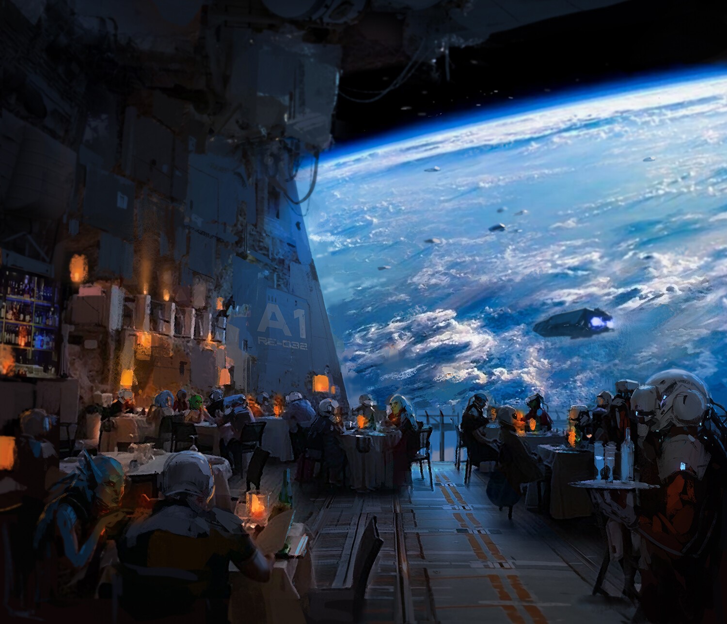 Sci-fi restaurant overlooking Earth HD Wallpaper