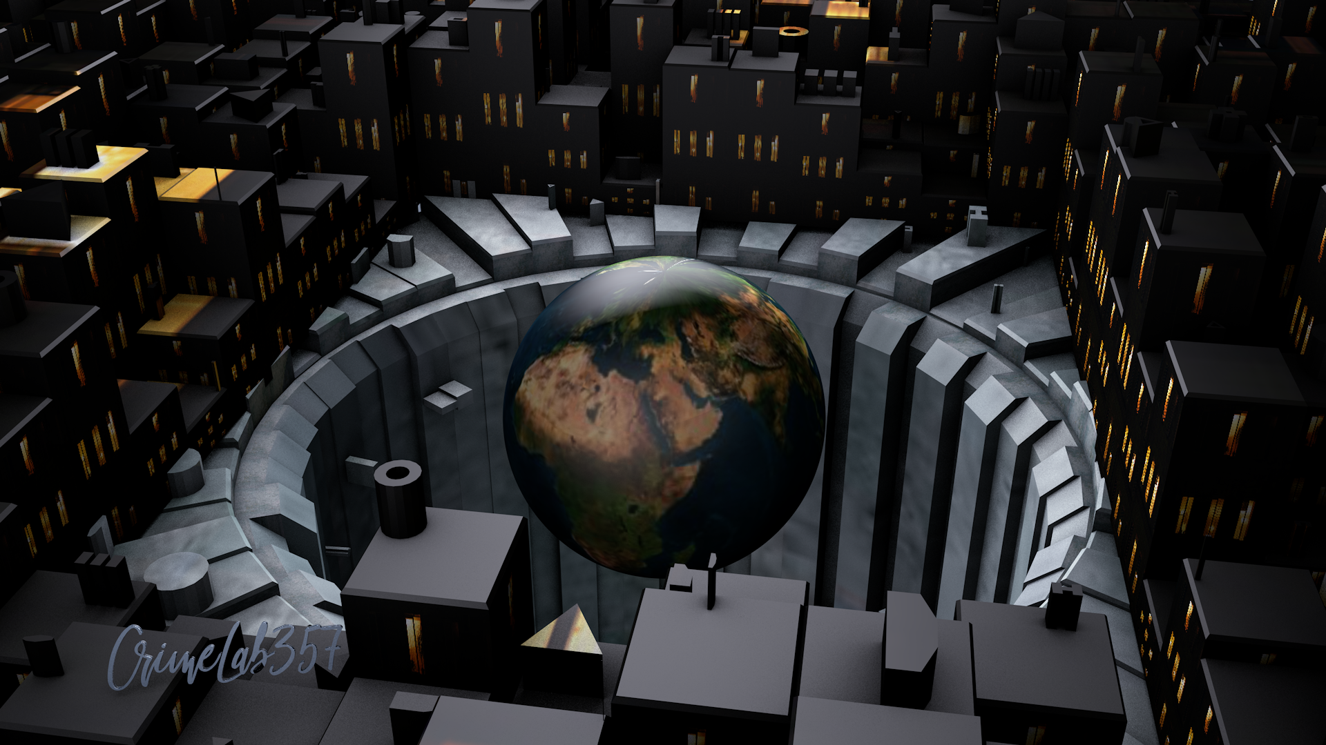 3D render of Earth in a futuristic city pit HD Wallpaper