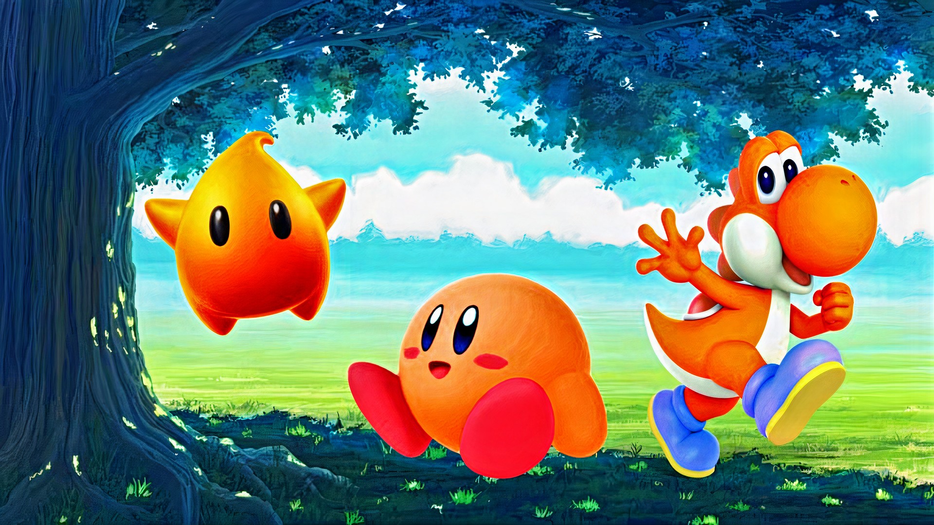 Kirby, Yoshi, and Luma in a grassy field HD Wallpaper