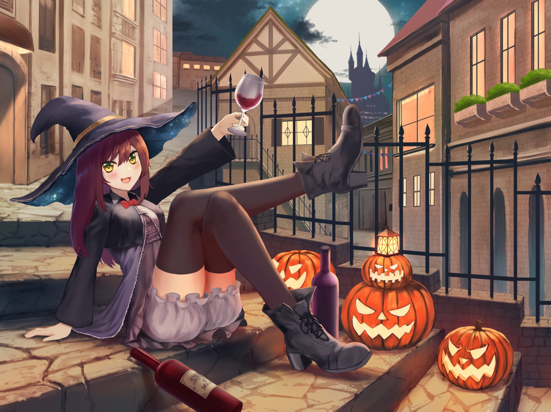 Anime witch with wine on Halloween street HD Wallpaper