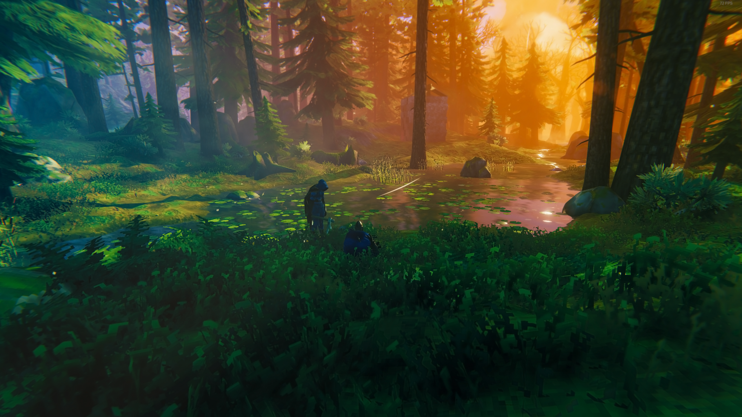 Two players in Valheim forest near a pond at sunset HD Wallpaper